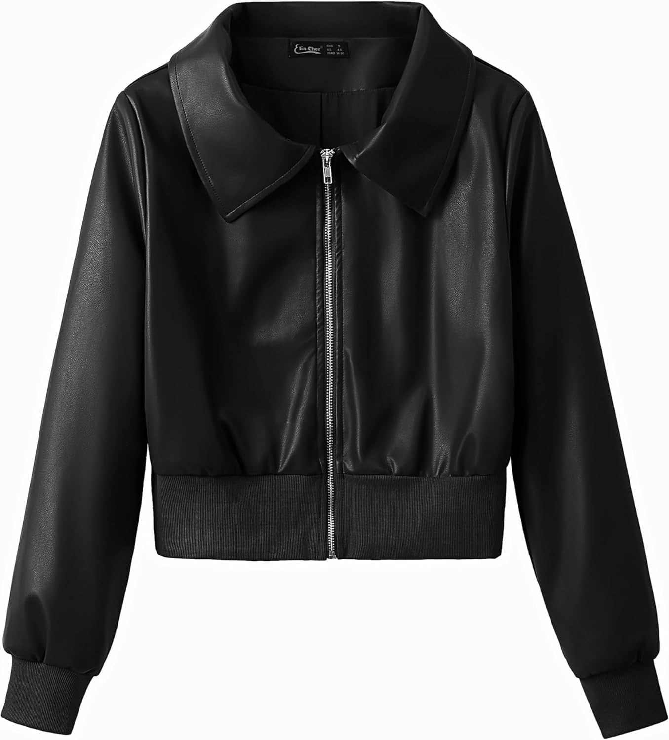 Women's Fitted Short Slightly Stretch Faux Leather Zip Up Moto Biker Bomber Jackets with Cotton Ribbed