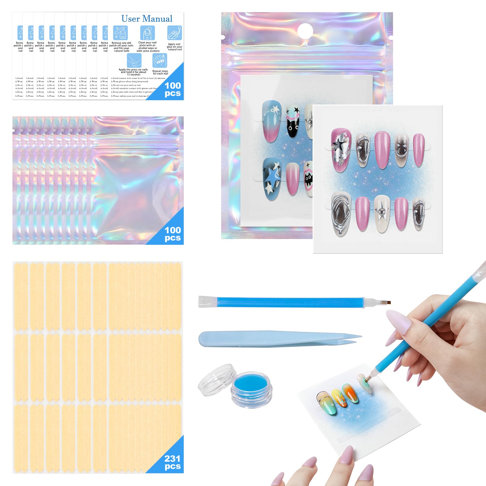 Photo 1 of 100PCS Press on Nail Packaging Bag, 100PCS Display Card with 231 Pcs Pre-cut Adhesive Tape & Diamond Art Pens & Glue Clay & Tweezers, 6-in-1 Set for Nail Display (Laser)