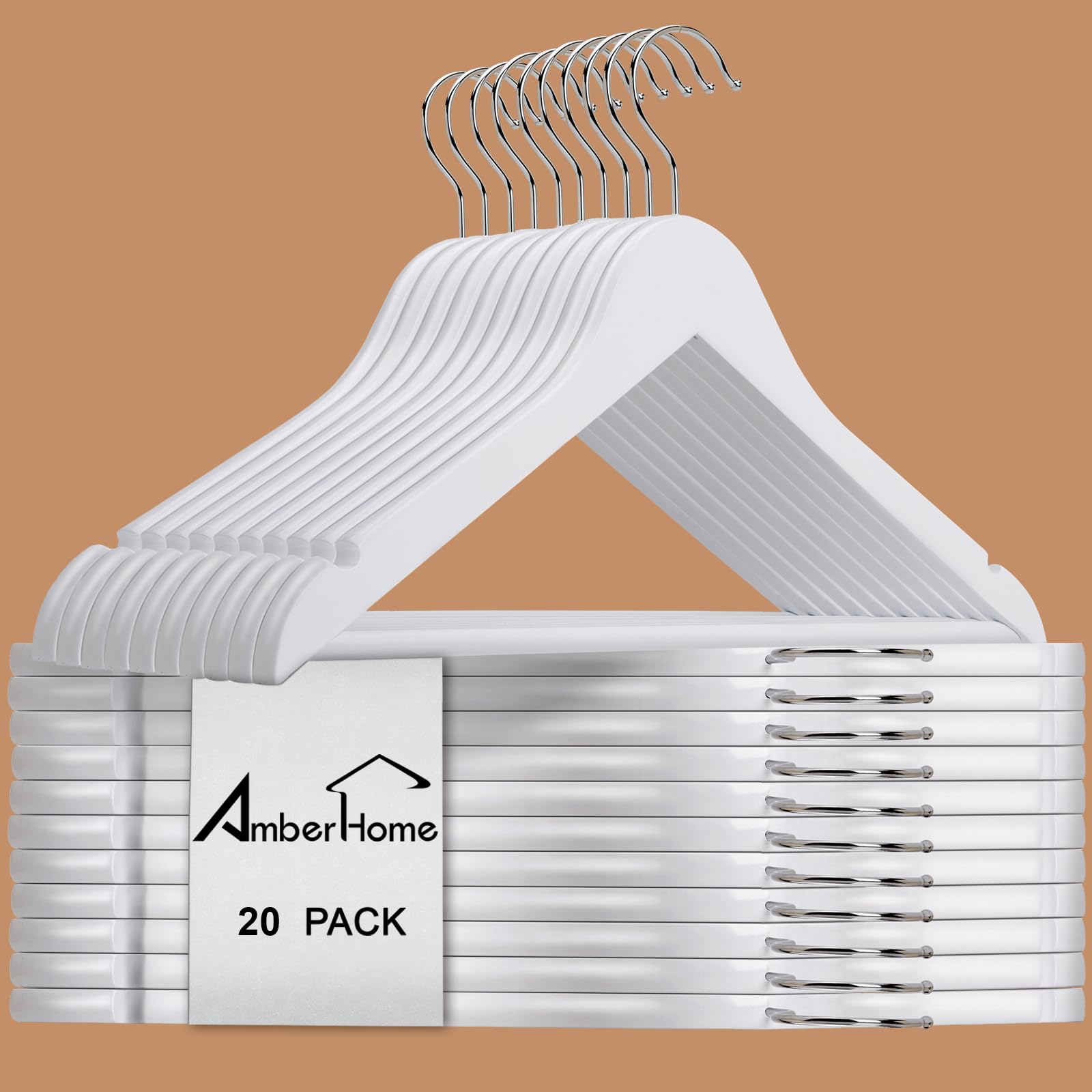 Amber Home 20 Pezzi 44.5cm Grucce Appendiabiti in Legno Bianco Liscio Robusto Nozze Maglietta Camicia Completo Giacca Vestito Giarrettiere con Asta con Scanalatura