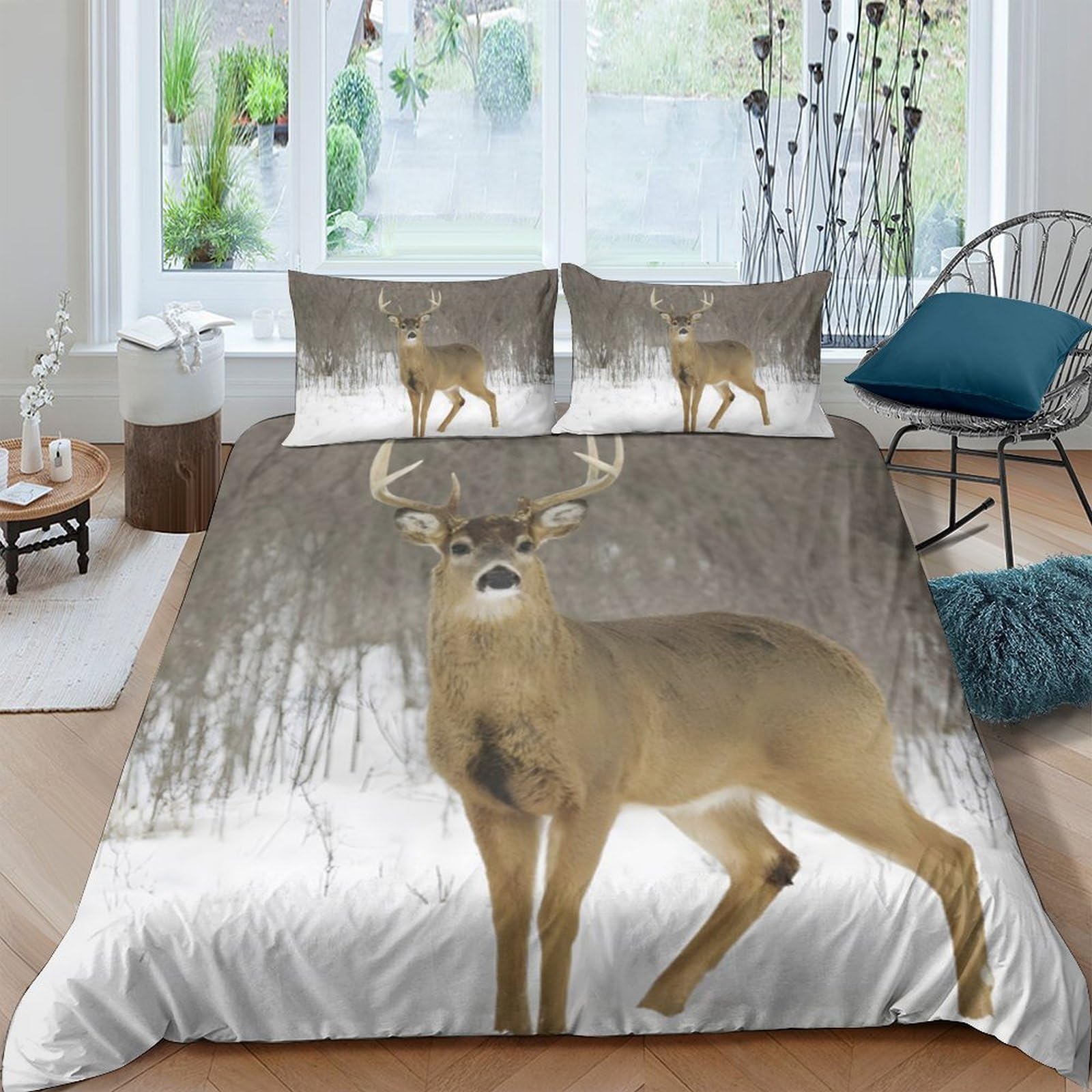 GPLZQXKJNH 3D Printed Deer Forest Duvet Cover Set Microfiber Soft Breathable Woodland Bedding Set with 2 Pillowcases for Bedroom Single（135x200cm）