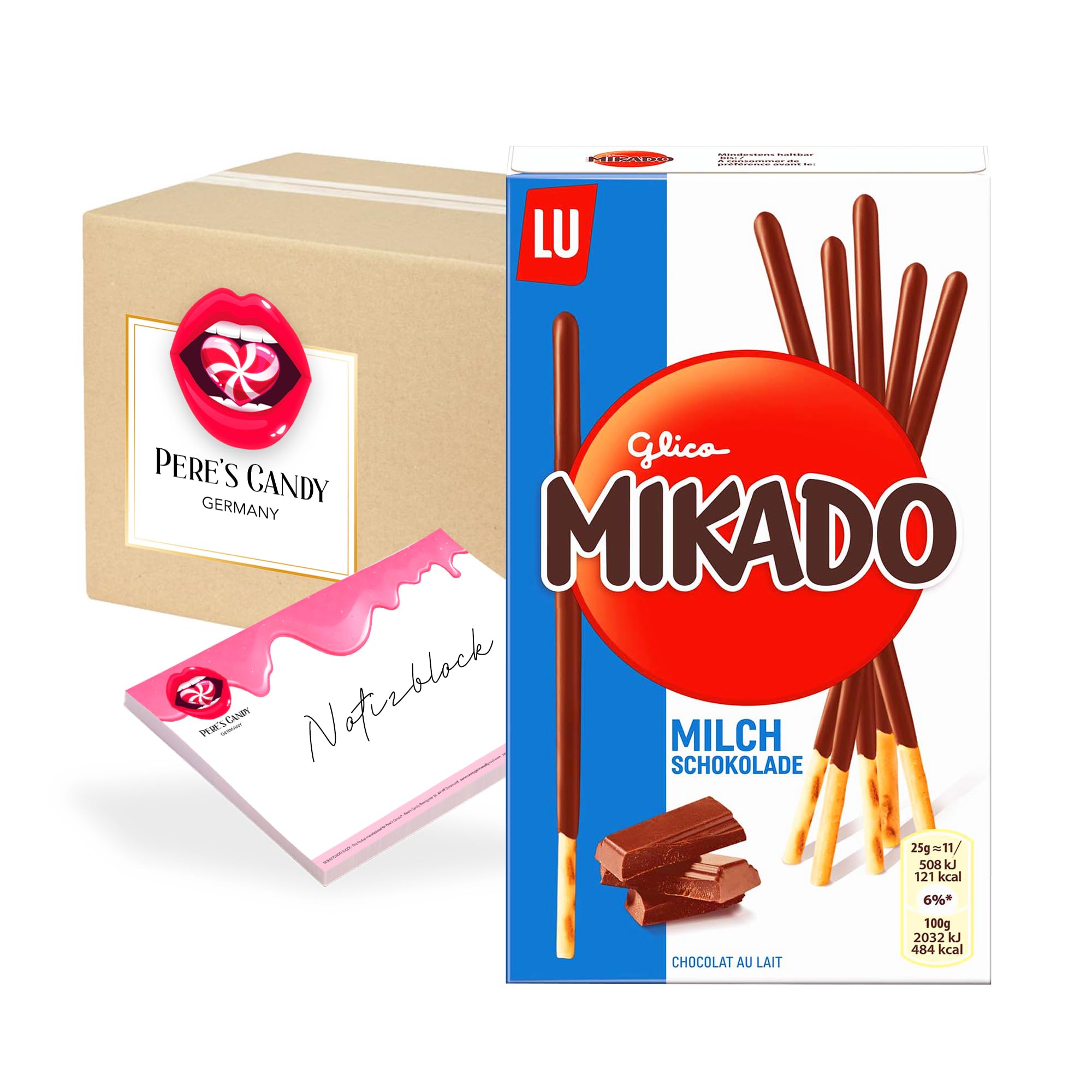 Pere's Candy Bundle für Mikado Milchschokolade 6 x 75g + Pere's Candy Notepad DIN A7-25 Blatt
