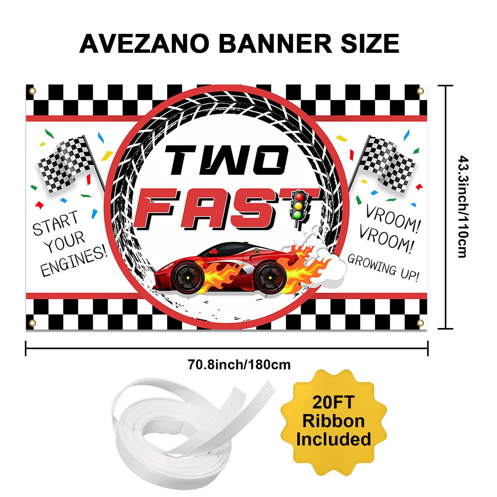 Avezano "Two Fast" Birthday Banner - Racing Car Theme Backdrop For 2nd Birthday Party