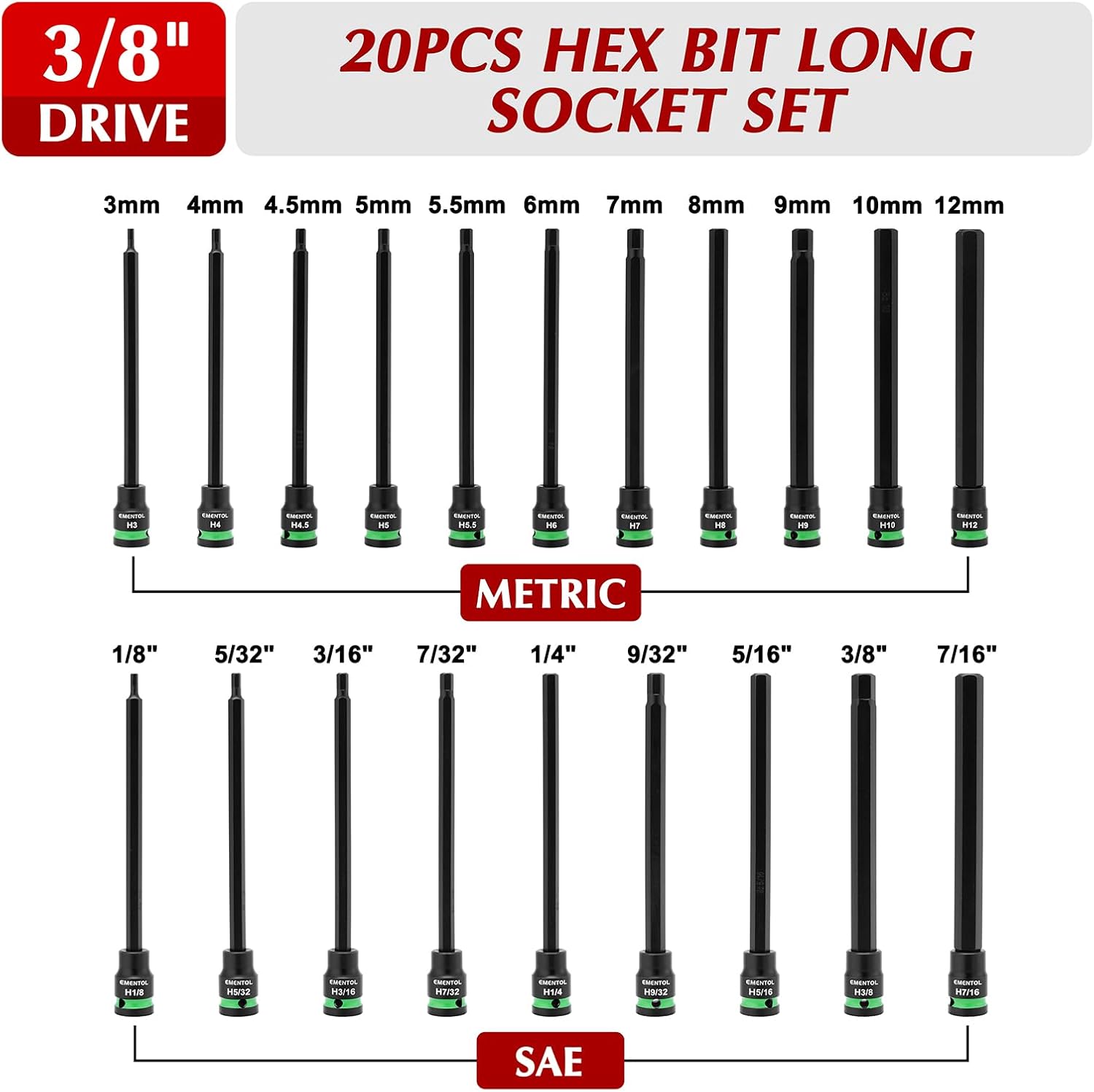 EMENTOL 3/8-Inch Drive Allen Hex Bit Socket Set, 20PCS Extra Long, SAE & Metric (3mm - 12mm, 1/8"-7/16"), CR-V, S2 Alloy Steel Bit