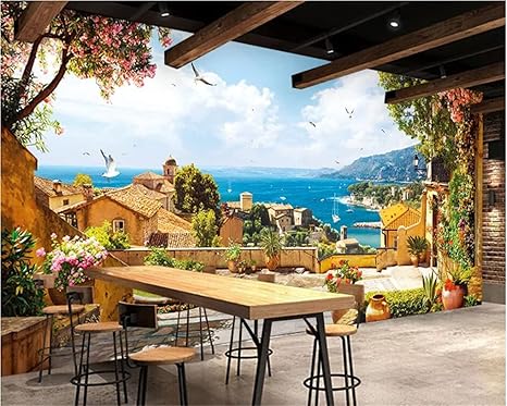 Amazon カスタム壁紙 3d 壁画 レトロ ヨーロッパ 風景 背景 壁 リビングルーム 寝室 ポート タウン 風景 壁紙 400cmx280cm 157 4x110 2インチ 壁紙