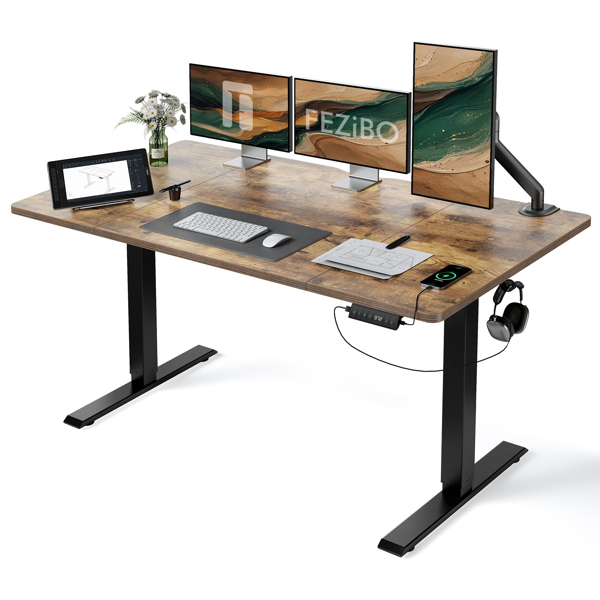 FEZIBO Höhenverstellbarer Schreibtisch mit USB-A und USB-C-Ladeanschlüssen, 160 x 80 cm Schreibtisch Höhenverstellbar Elektrisch, Ergonomischer Steh-Sitz Tisch für Heimbüro, Standing Desk, Braun