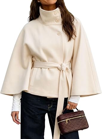 Hooever Women Batwing Sleeve Ponchos Pea Coat Wool Blend Stand Collar Jacket Winter Cropped Overcoat