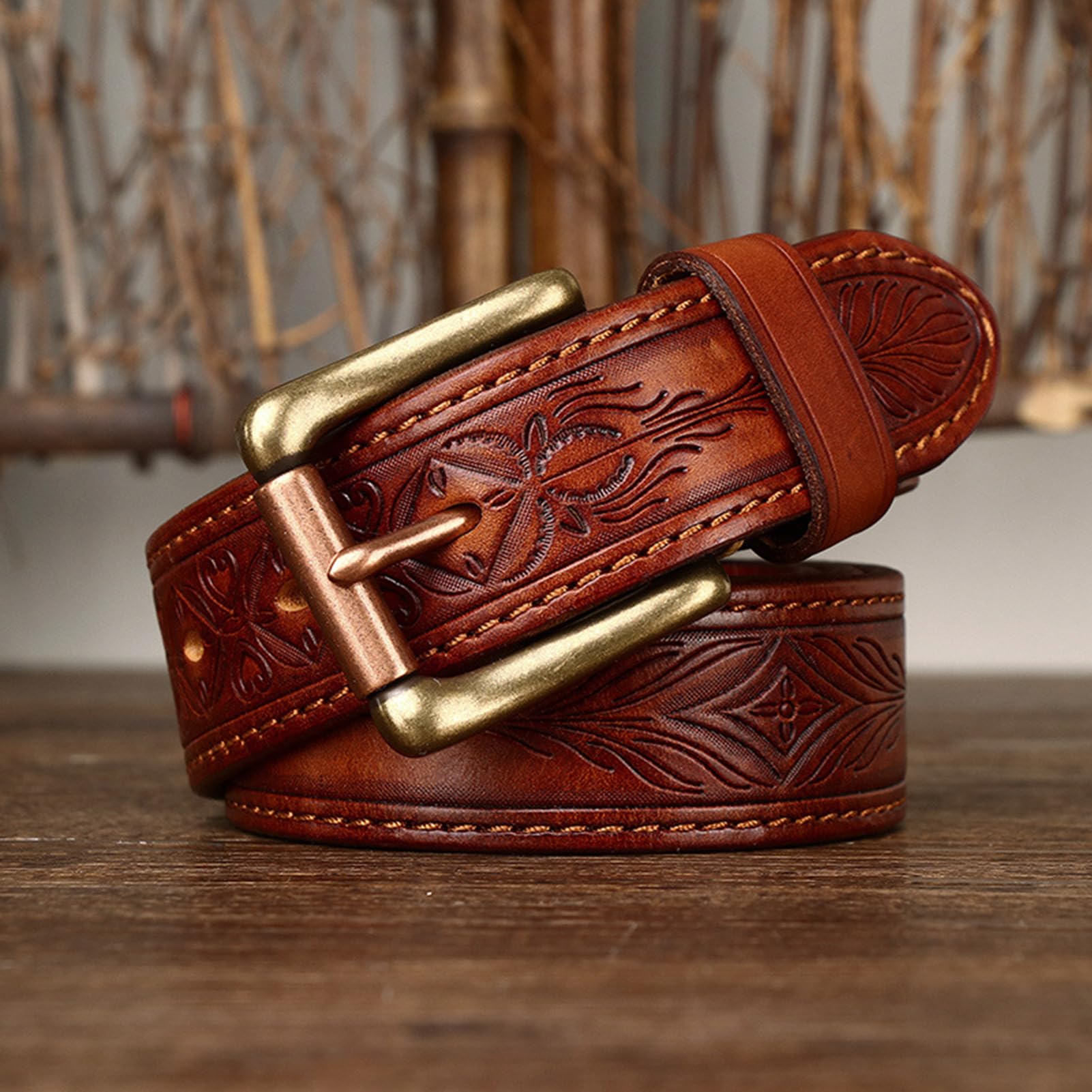 Gürtel Herren Damen Vollledergürtel Handgemachtes Prägung Ledergürtel Mit Goldener Gürtelschnalle Dornschließe Ornament Druck Blumen Und Blätter Muster Jeansgürtel(115cm/45, Brown)