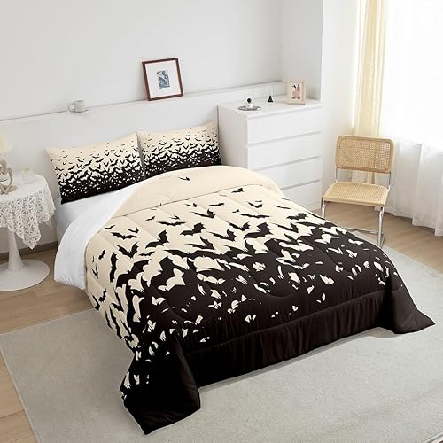 Miniatura 4 de Feelyou Juego de edredón de murciélago para niñas y niños, tamaño Queen, edredón de Halloween decorativo en blanco y negro, juego de edredón de