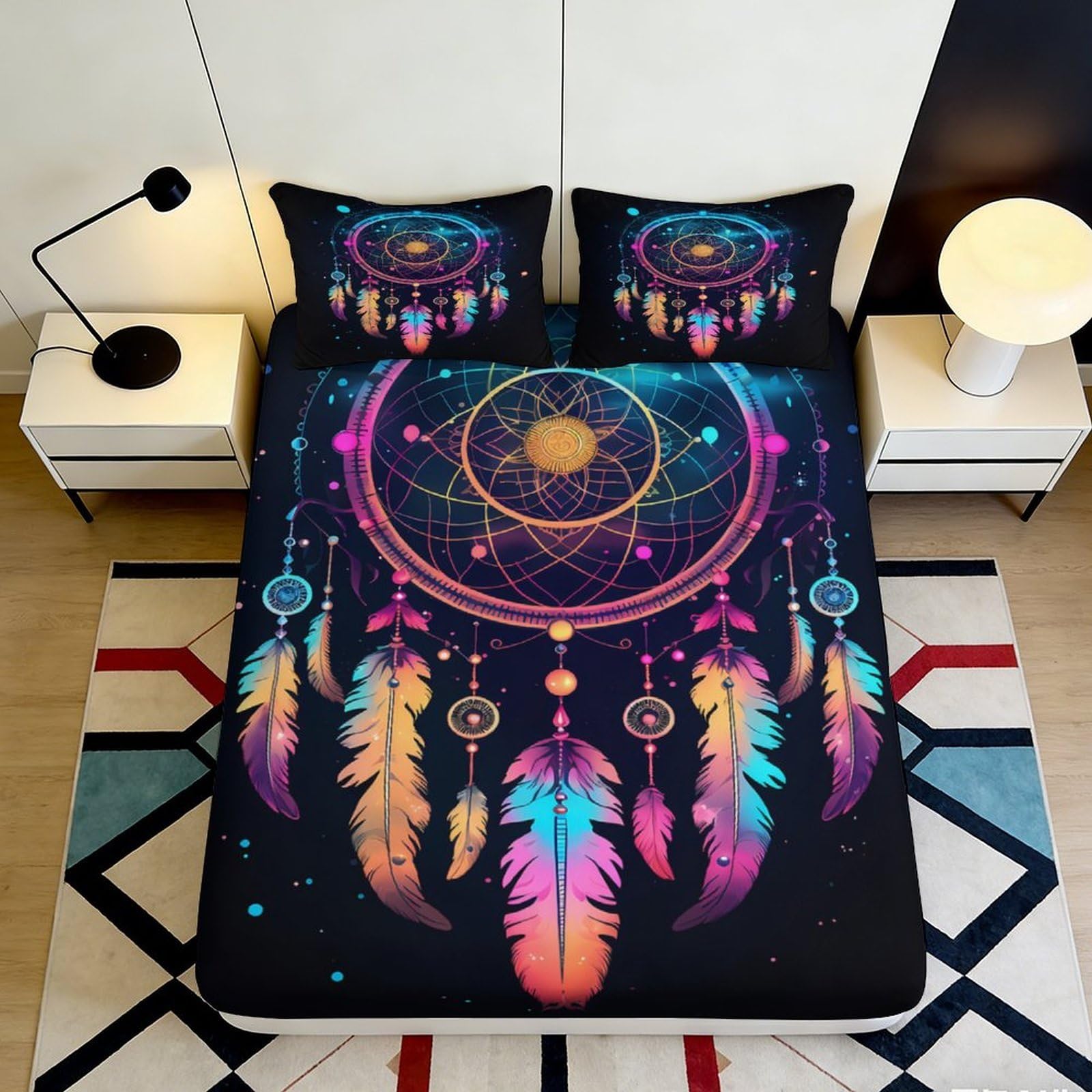 3D Printed Dreamcatcher Fitted Sheet Microfiber Soft Breathable Colorful Feather Bed Cover for Bedroom Dormitory Guest Room Mattress Protection 180x200x25cm