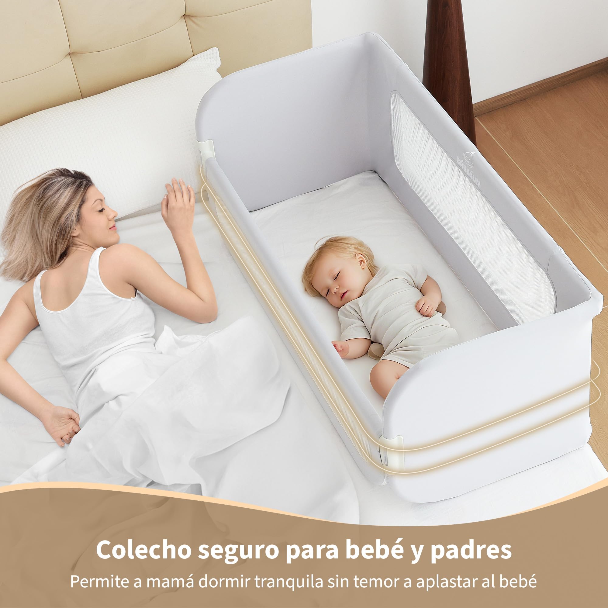 2 en 1 Barrera de Cama Abatible 185cm, Cuna Colecho con Bolsa de Transporte Viaje para Viajar o Vacaciones - Sin instalación, Fácil de Transportar - Gris