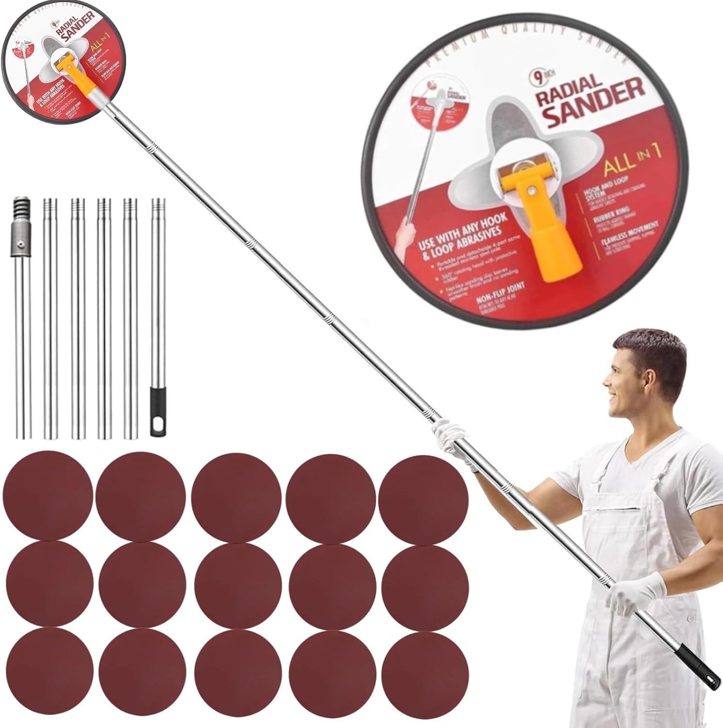 Drywall Sander Pole, 9 Inch Wall & Ceiling Pole Sander with 360° Rotating Head & 12.5-65 Inch Adjustable Extension Pole | 2-in-1 Sanding Tool with 18 Sheets (6 Grits 80-320) for Plasterboard (Red)