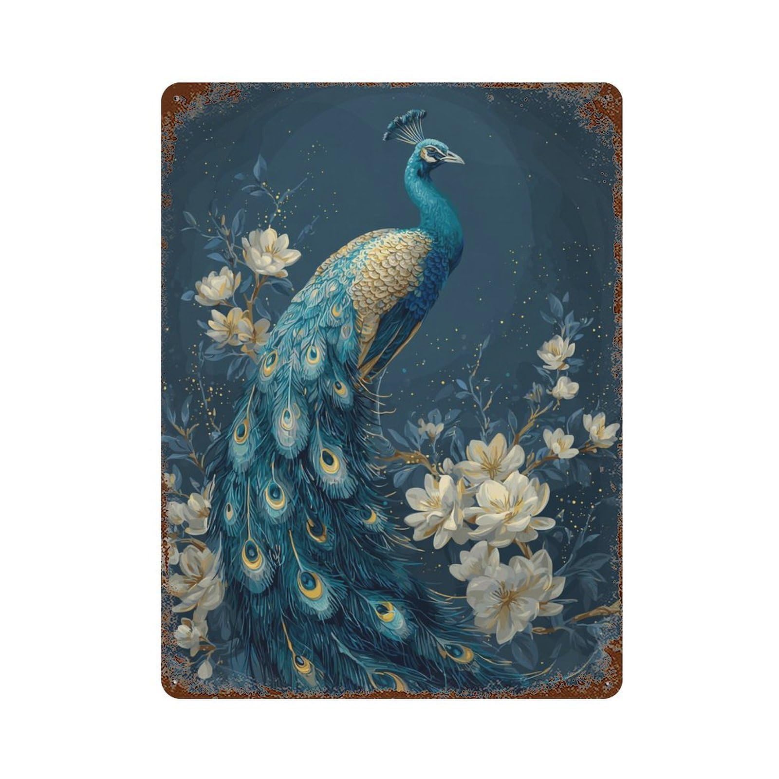 Distressed Metal Wall Sign Peacock with Flowers 15.7"x11.8", Rustic Home Decor for Farmhouse, Kitchen And Entryway Decor