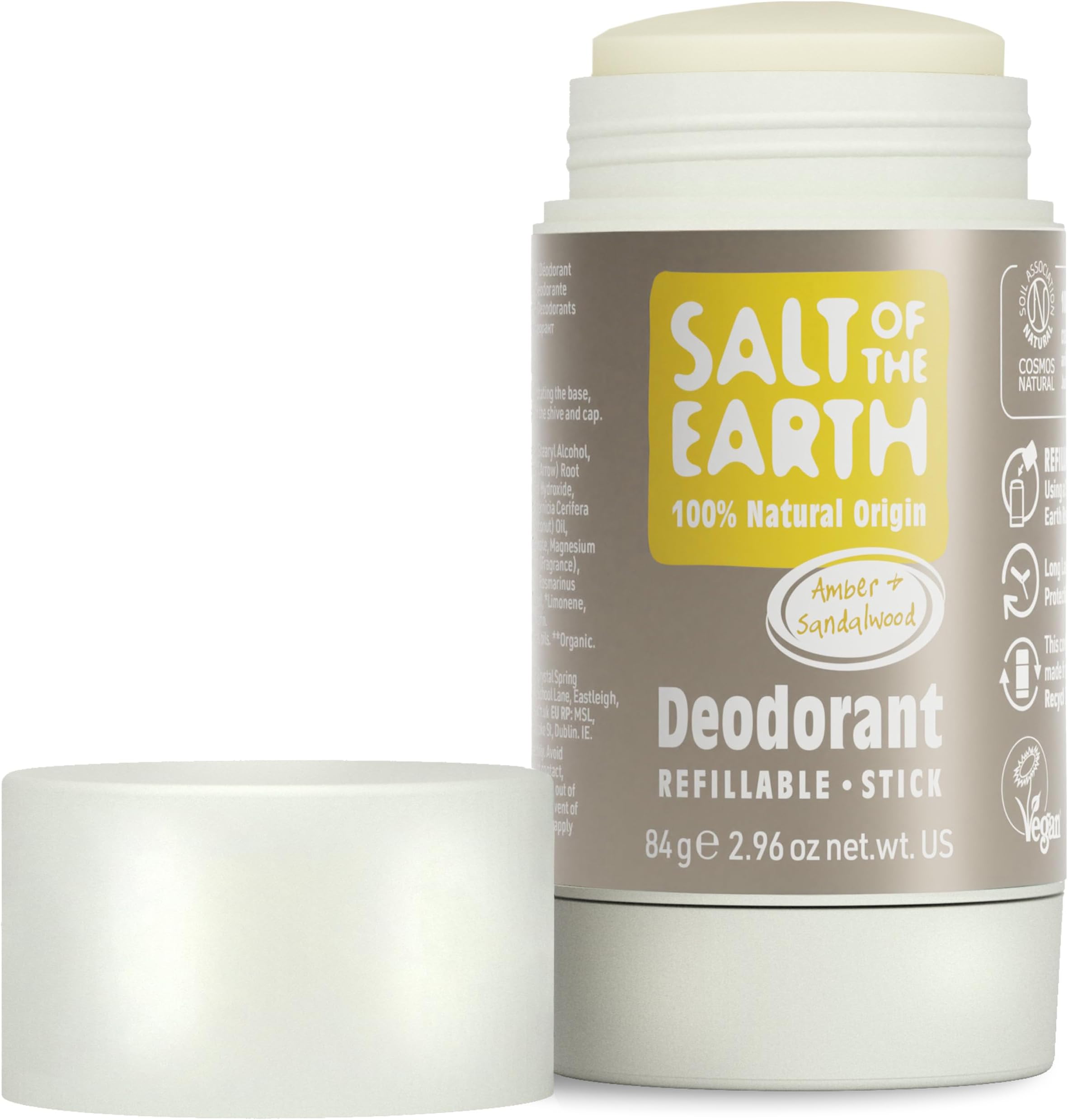 Natural Deodorant Stick - 100% Natural Origin Ingredients, Aluminium Free, Vegan, Long Lasting Protection, Refillable, Made in The UK 84g (Amber & Sandalwood)