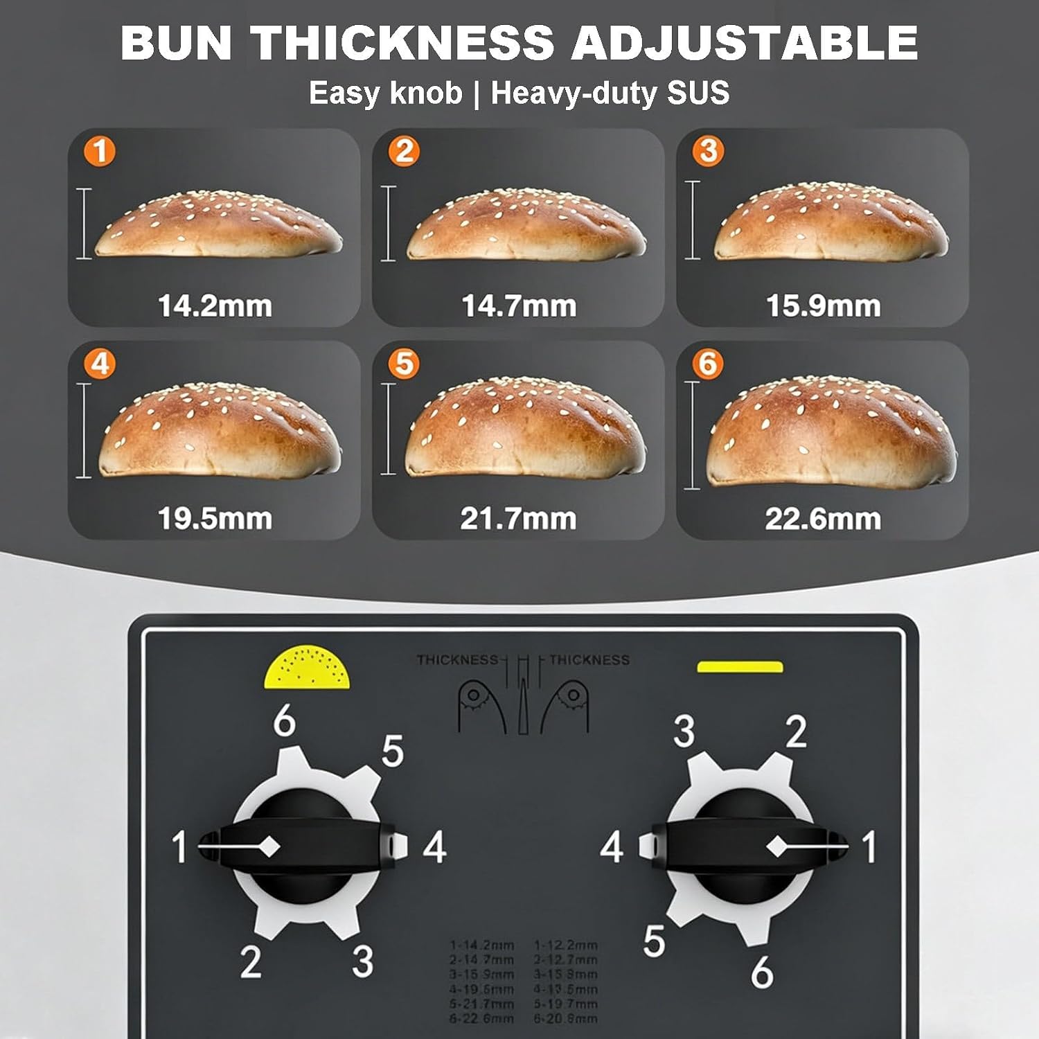 Tostapane a nastro professionale con controllo Pro Temp, riscaldamento uniforme a contatto verticale, spessore regolabile per panini da hamburger.
