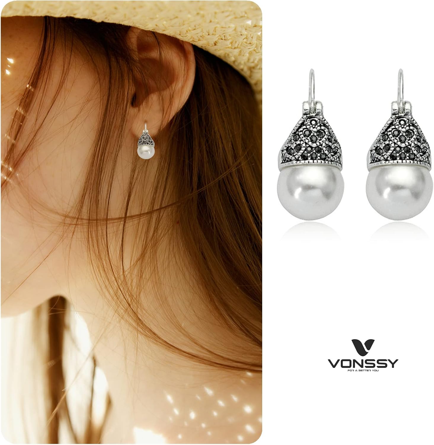 VONSSY Drop Dangle Pearl Earrings | Rose Gold Platinum Plated Silver Post Jewelry Gift for Mother Wife