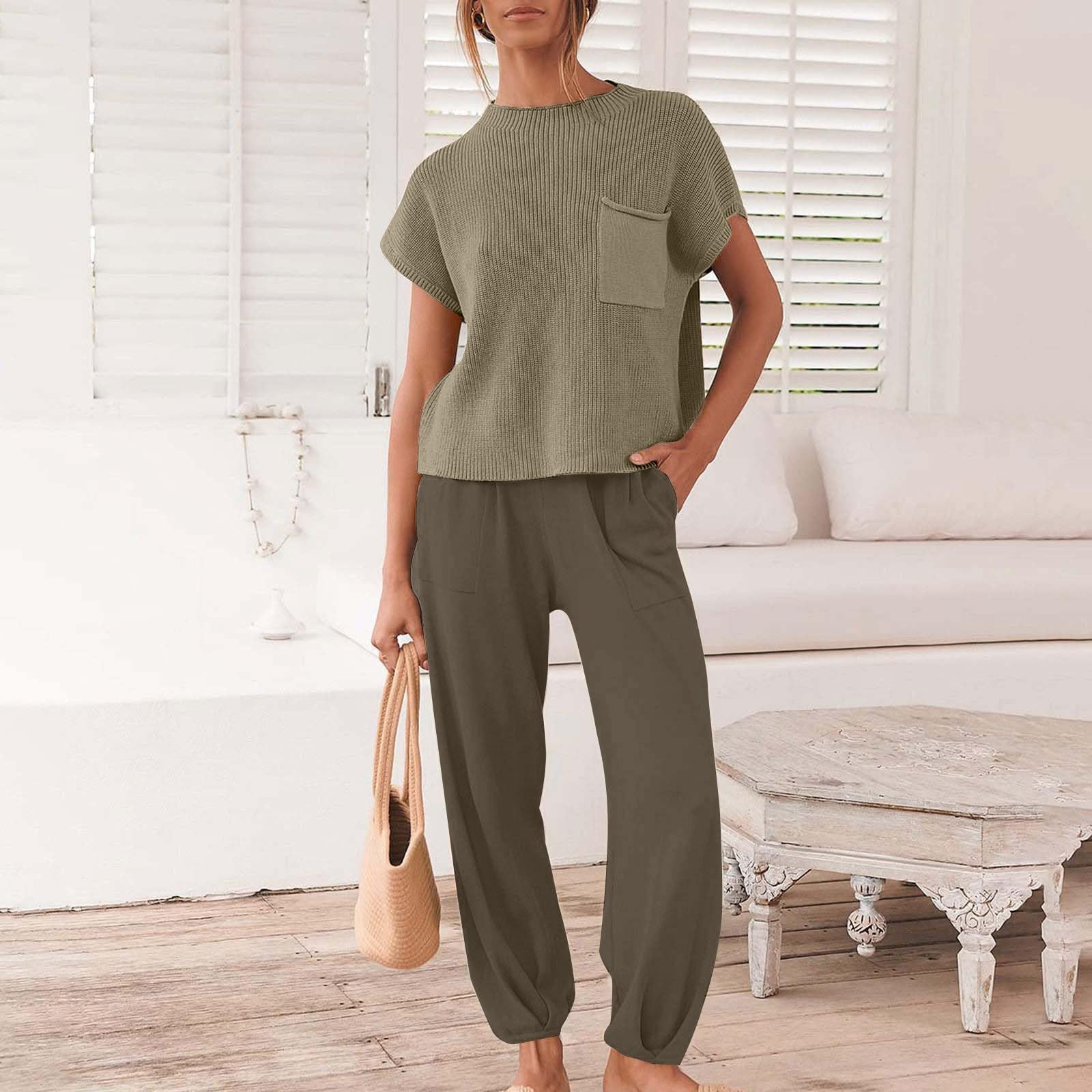 Ensemble de détente en tricot à manches courtes pour femme - 2 pièces