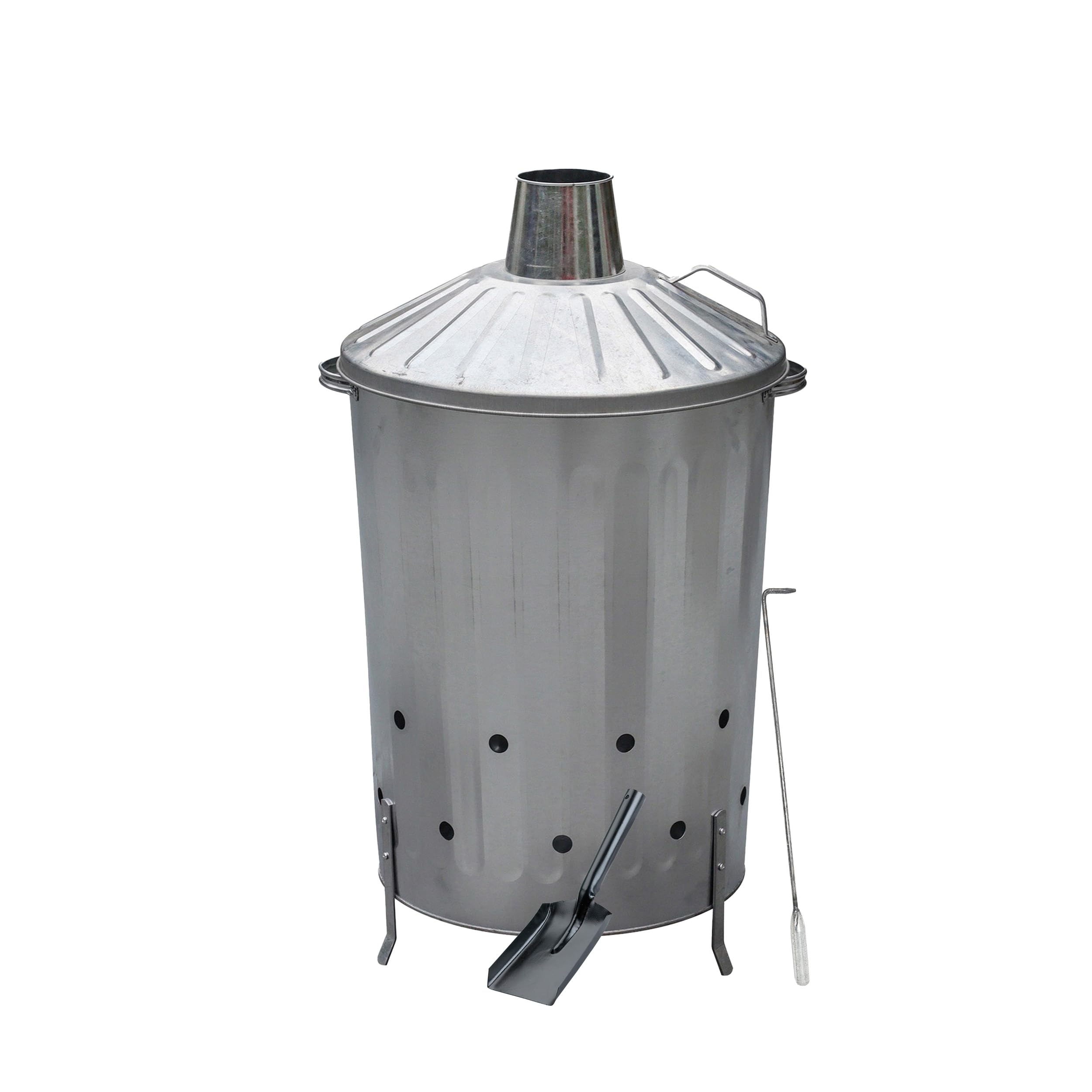 CrazyGadget 90 Litre Large Galvanised Metal Incinerator Fire Burning Bin with Lid + Ash Shovel & Poker