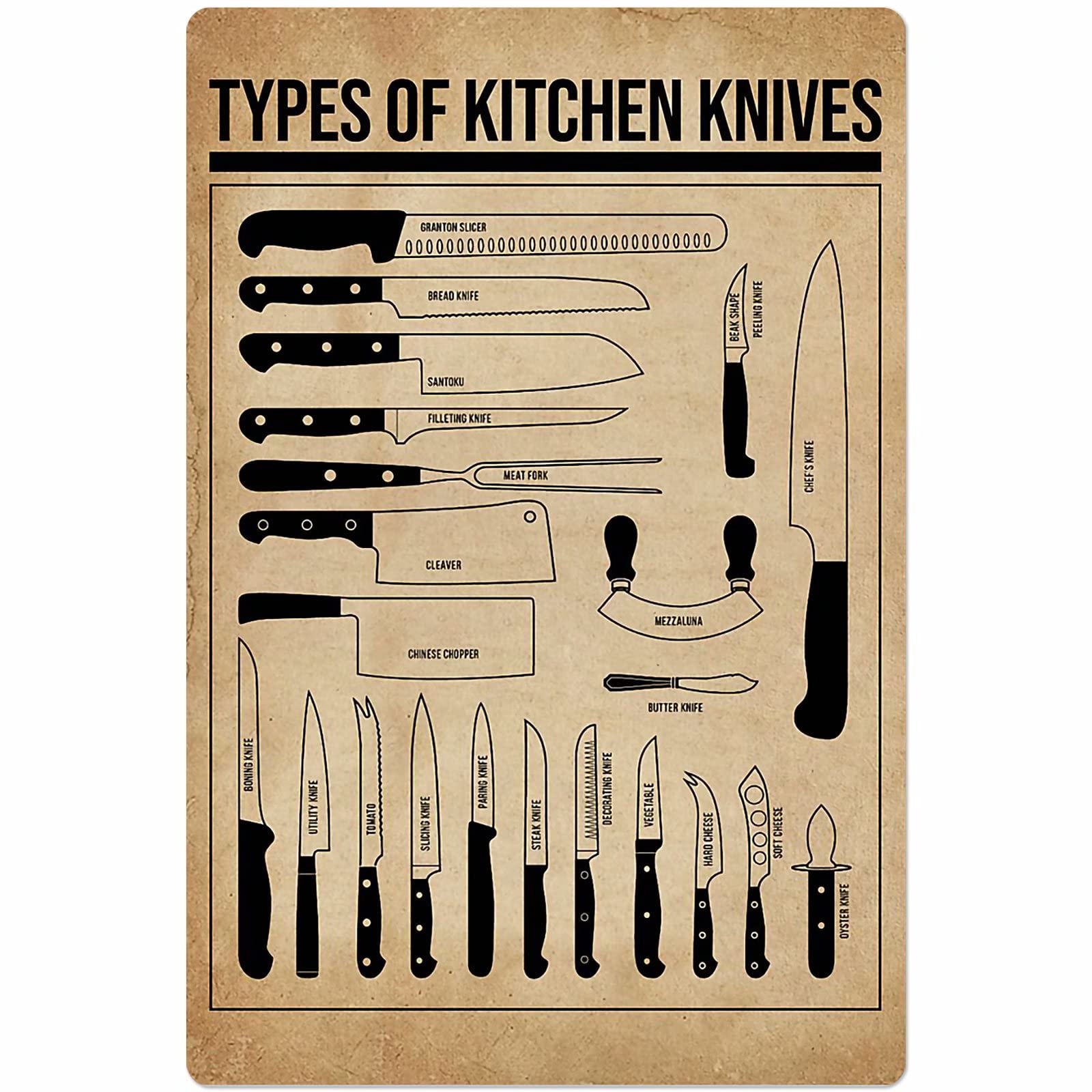 C-05 Types Of Kitchen Knives Posters Metal Signs Chef Science Knowledge Wall Decor Room Decor Home Decor Printing Plaque 12X16 Inches
