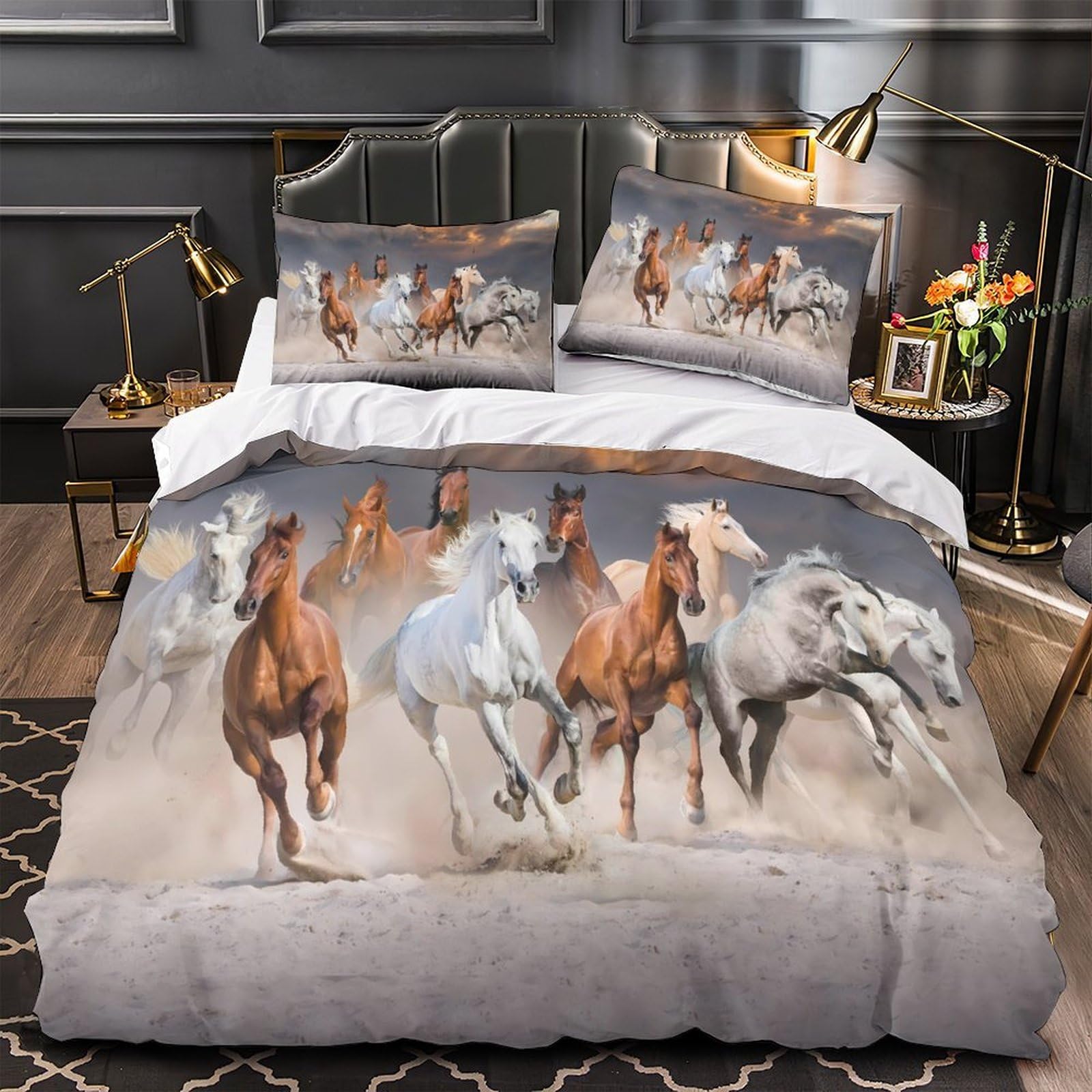 Wild Horses Galloping Duvet Cover 3D Design Printed Hypoallergenic 3 Pcs Bedding Set Zipper Desert Sunset Quilt Cover Luxury Breathable for Teens Kids Adults Women Youth Teenagers Double（200x200cm）