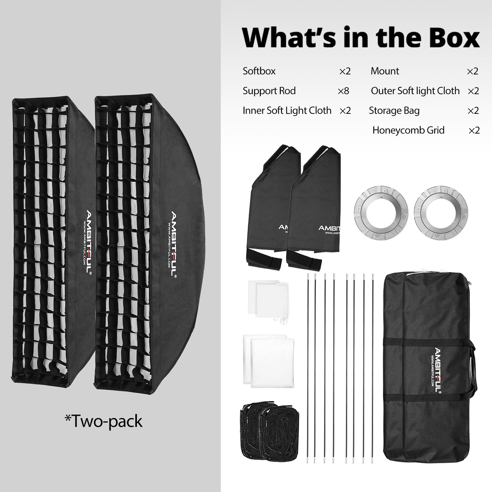 AMBITFUL 2PCS FW30X120 30x120 cm 12"x47" Beehive Honeycomb Grid Strip Softbox Bowens Mount per Studio Flash