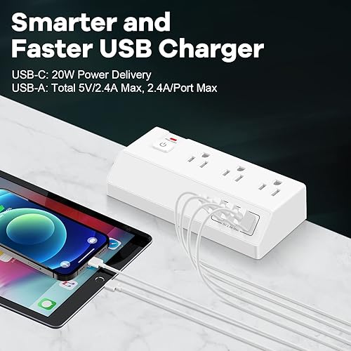 Miniatura 9 de Regleta de alimentación protectora contra sobretensiones  Puerto de cargador rápido PD USB C de 20 W  Regleta de alimentación de abrazadera de
