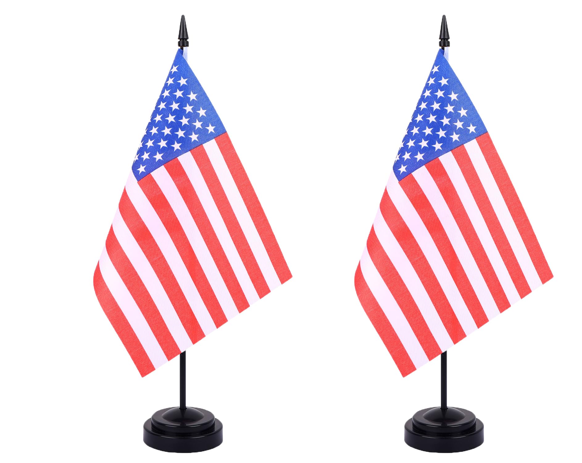 WXTWK 2 Pack American Flag US Desk Flag Set - Mini Small USA Table Office Flags with Black 12" Solid Pole Stand Base 4th of July Party Veteran's Day Classroom Meeting Desktop Decorations