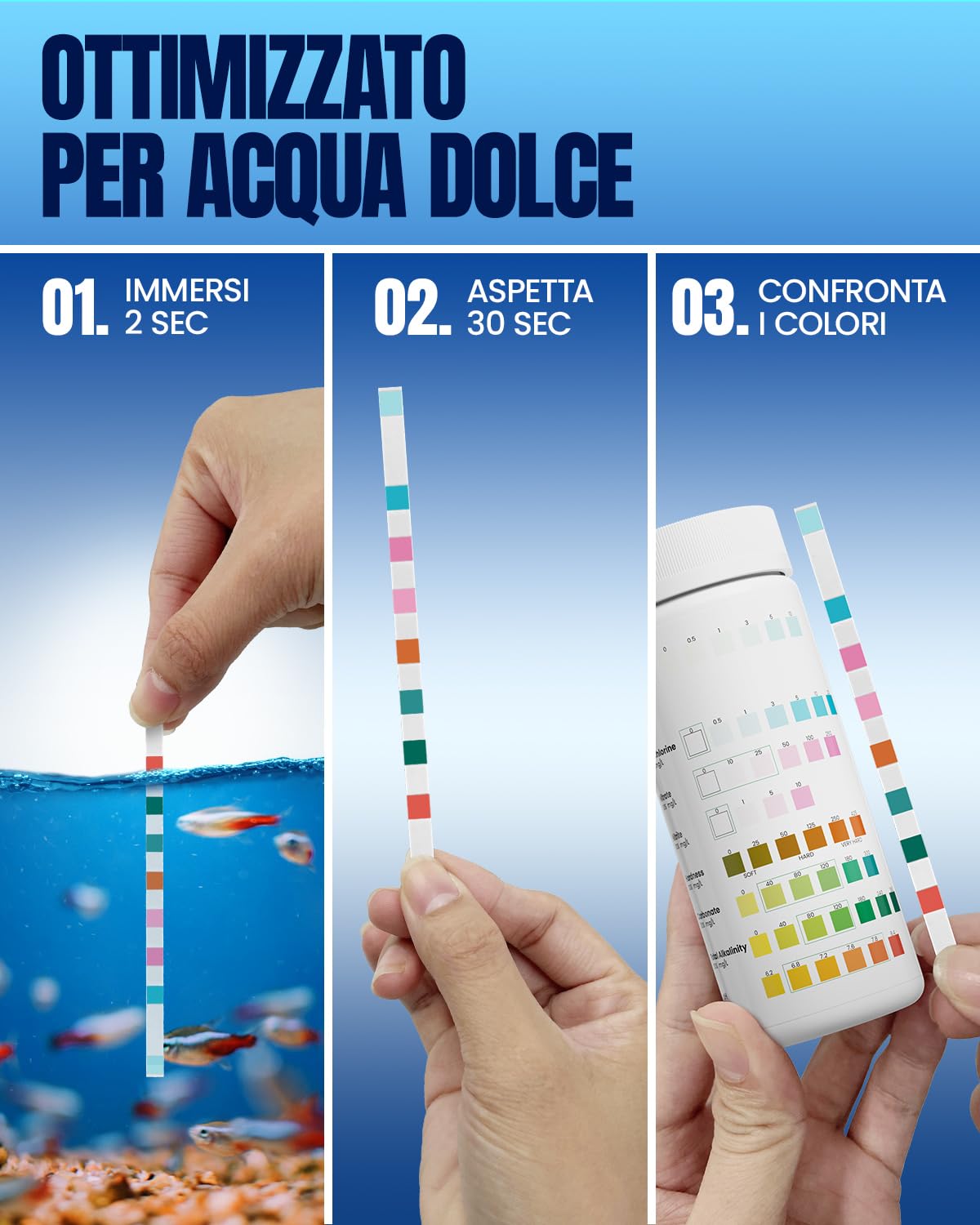 Wolmds Kit Test Acqua Acquario 8-in-1 - Test Acquario Dolce e Salato: Misuratore Durezza Acqua, pH, Nitrati, Cloro - Accessori Acquario Acqua Dolce,Kit Durezza Completo per Test Precisi (50 strisce)