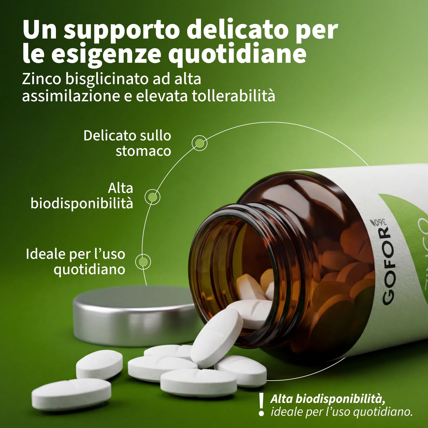 Gofor360 Zinco Bisglicinato Puro — Integratore di Zinco ad Alta Biodisponibilità per Uomo — Supporto a Testosterone, Difese Immunitarie, Funzione Cognitiva e Pelle Sana — 60 Capsule