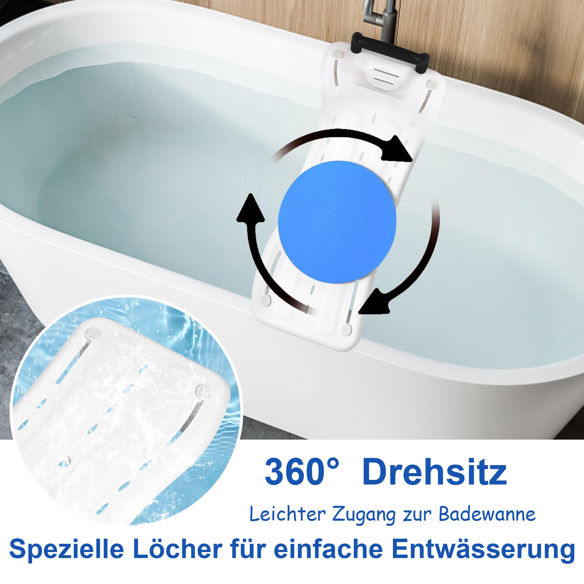 YRHome Badewannensitz mit Drehscheibe 75,5x34cm Badewannenbrett zum sitzen Badewannensitz Senioren Erwachsene Einstellbar Wannenbrett zum Sitzen für Badewanne Duschbrett bis 150kg mit Schwarz Griff