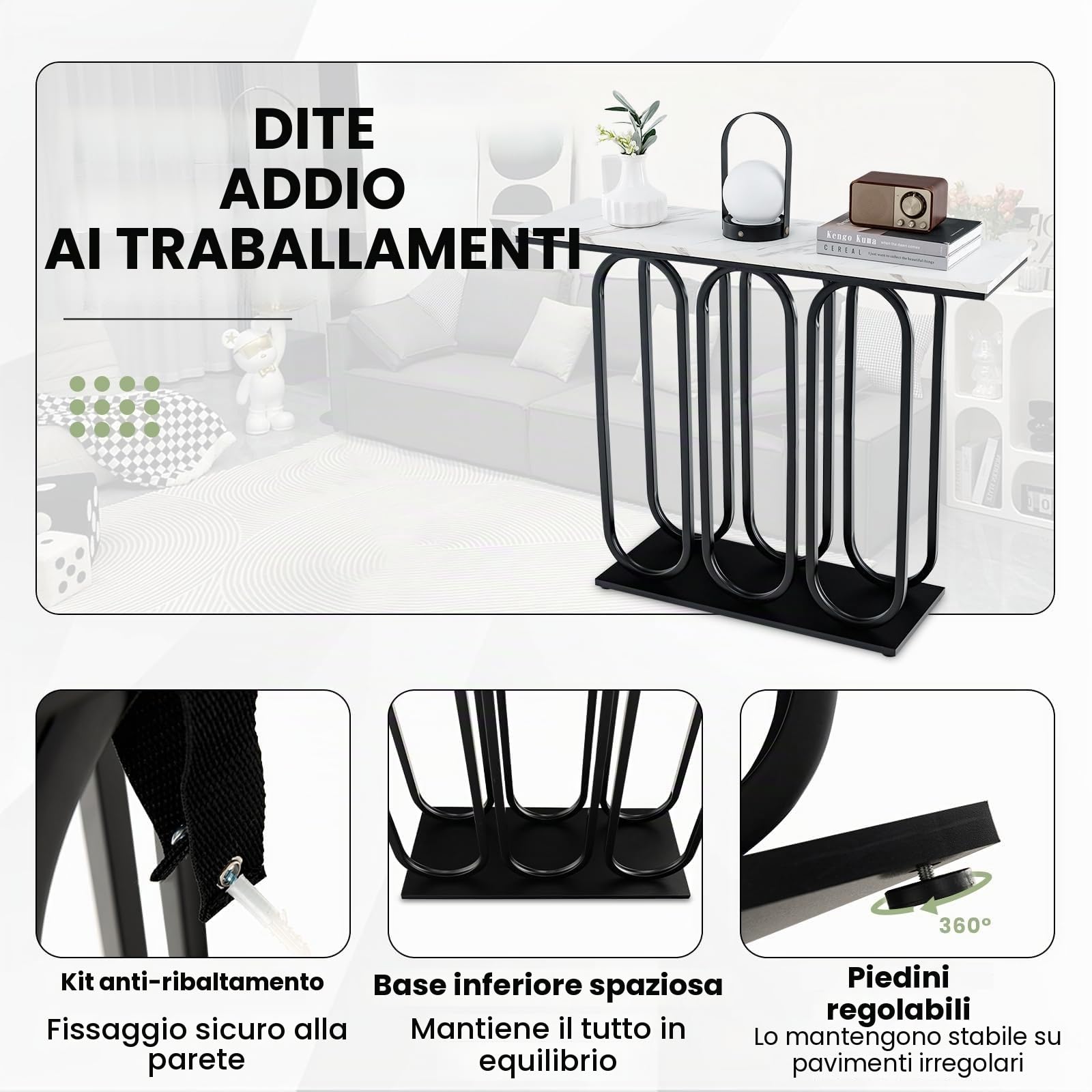FANTASK Moderno tavolo consolle da ingresso con struttura in metallo, consolle sottile con effetto marmo, per soggiorno, corridoio, camera da letto, ingresso, 100 x 30 x 80 cm (bianco e nero)