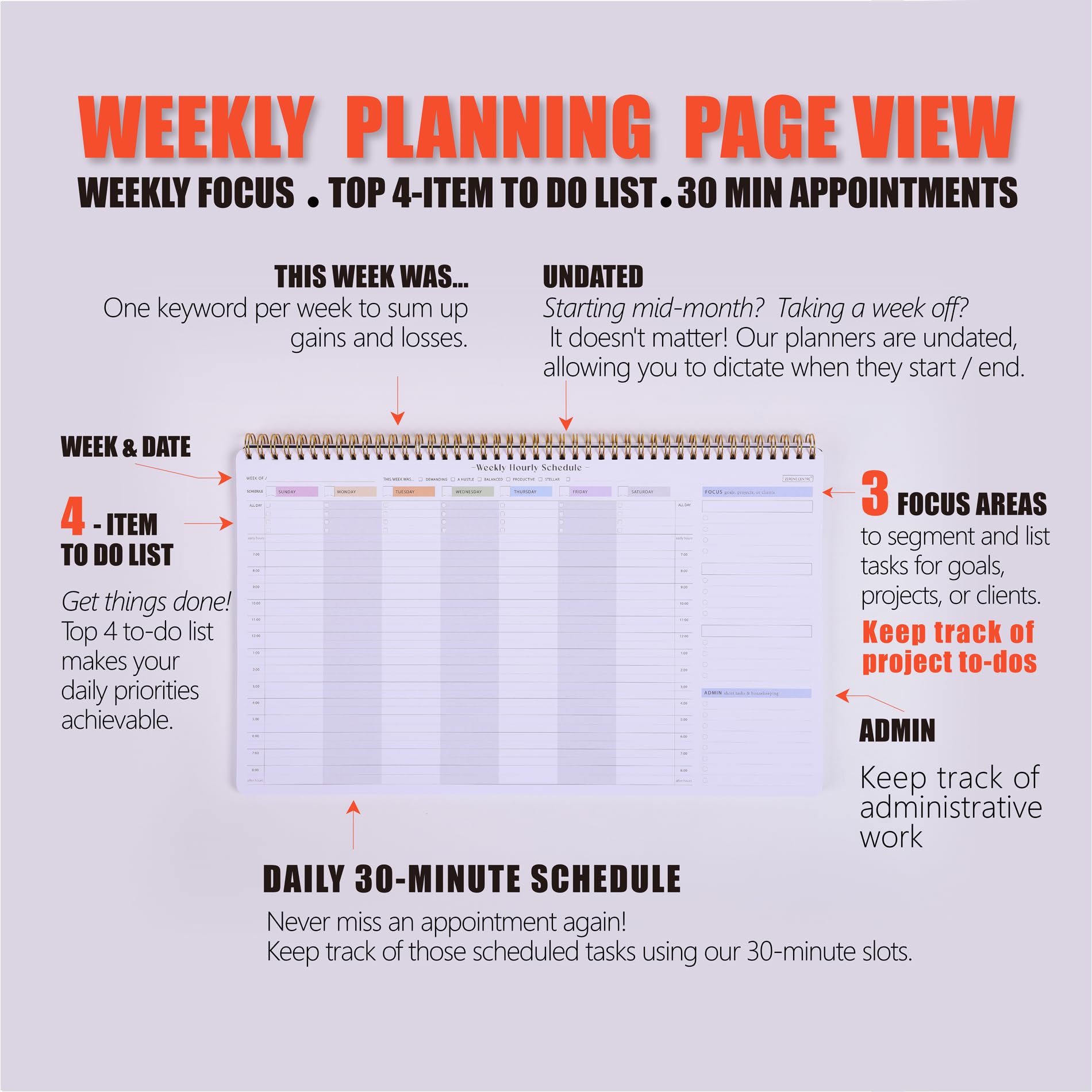 Planificador semanal sin fecha con horario por hora, 54 hojas, libro de citas grande para escritorio, ideal para trabajos basados en citas como bienes raíces, entrenamiento personal, fotografía,