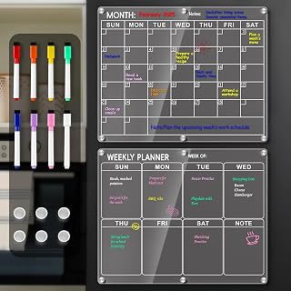 Magnetic Acrylic Calendar for Fridge, 2 Pack Clear Dry Erase Board for Refrigerator, Monthly Planner and Weekly Planner with 8 Colorful Markers, Meal Planner Menu Board for Fridge -14.5''*11.5‘’