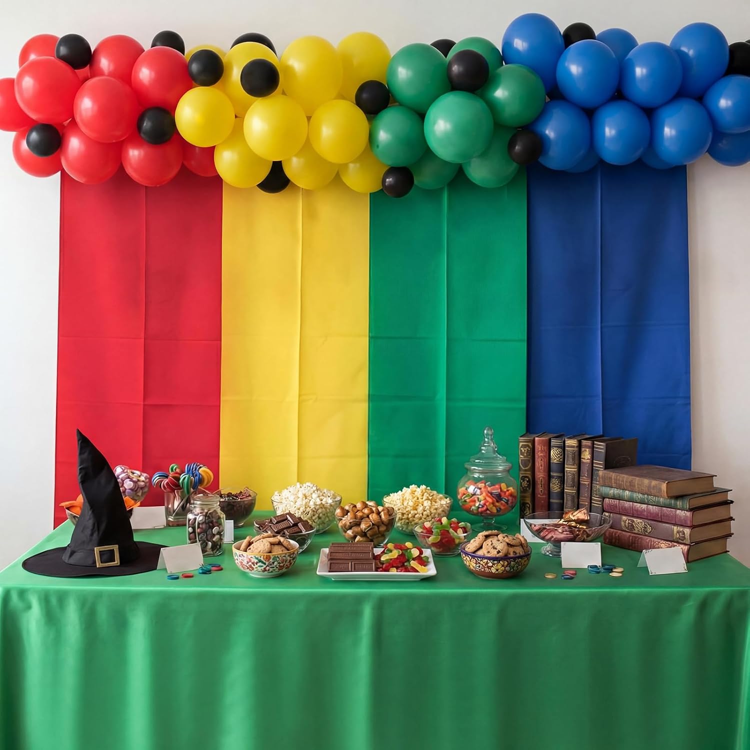Wizarding Birthday Party Decorations Includes 4 Pcs Magic Backdrops and 120 Pcs Balloons Green Red Yellow Blue Wall Decoration for Magic Theme Party Supplies