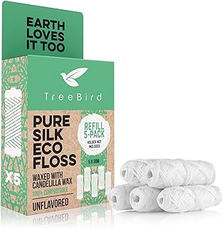 Unflavored Compostable Dental Floss Refills | Pack of 5 x 33yds Organic Peace Silk Spools | for a Refillable Glass & Stainless Steel Holder | Waxed with Natural Candelilla Wax