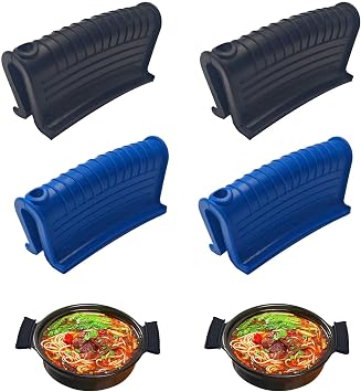 4Pcs Silicone Pot Handle Holders, Non-Slip Hot Skillet Handle Covers, Heat Resistant Grip Sleeves for Cast Iron Pans, Griddles, Frying Pans, Dutch Ovens, Black and Blue, Easy to Clean