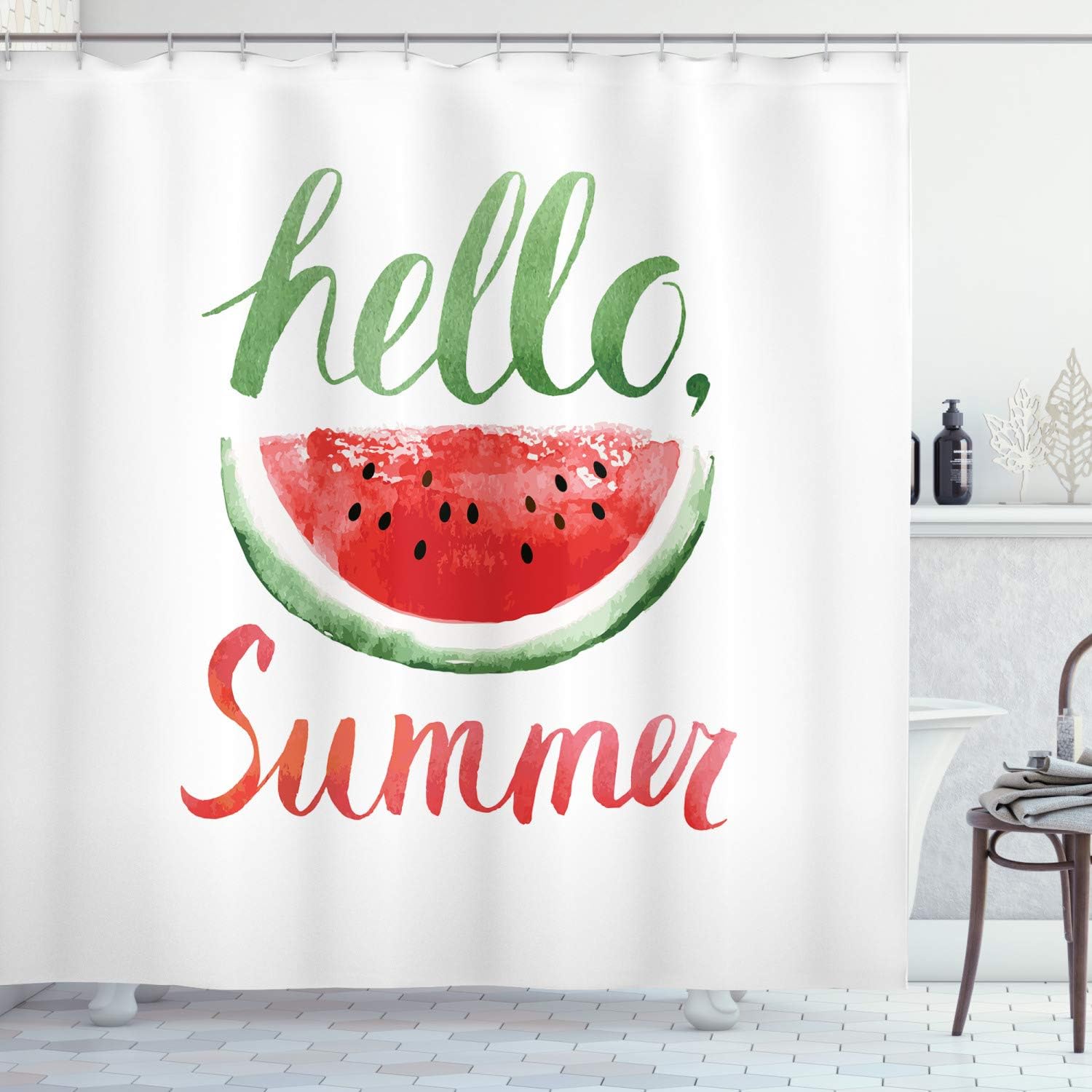 Ambesonne Hello Summer Shower Curtain, Watermelon Calligraphy Fruit Food Summer Painting Effect Modern, Cloth Fabric Bathroom Decor Set with Hooks, 69" W x 75" L, Jade Green and Dark Coral