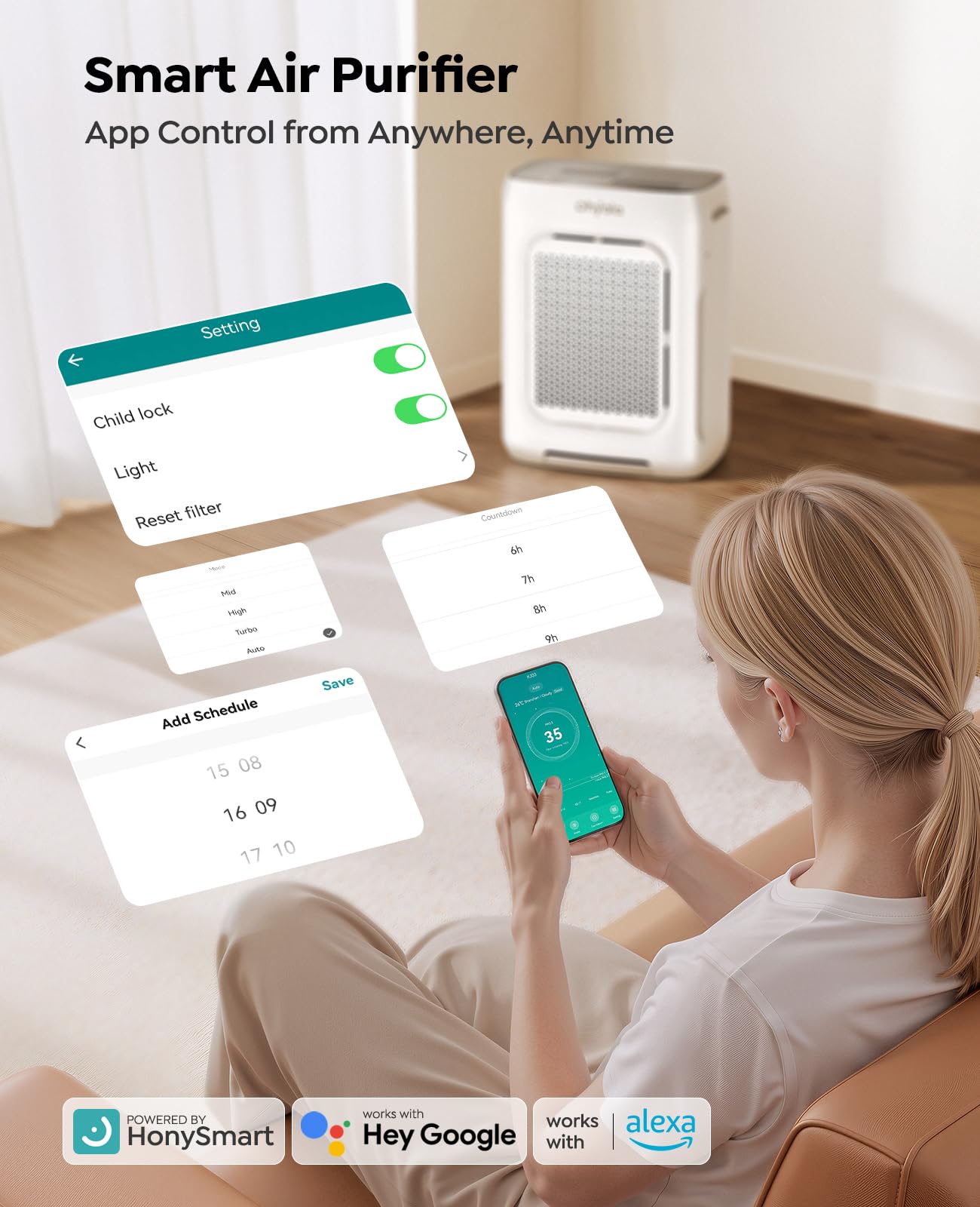 Air Purifier for Home Large Room up to 3000Ft², HEPA Air Purifier with Washable Double-Sided Filters, Smart WiFi, AQI Display, Air Cleaner for Pets, Allergies, Dust, Pollen, 15dB Sleep Mode, Fragrance - 5