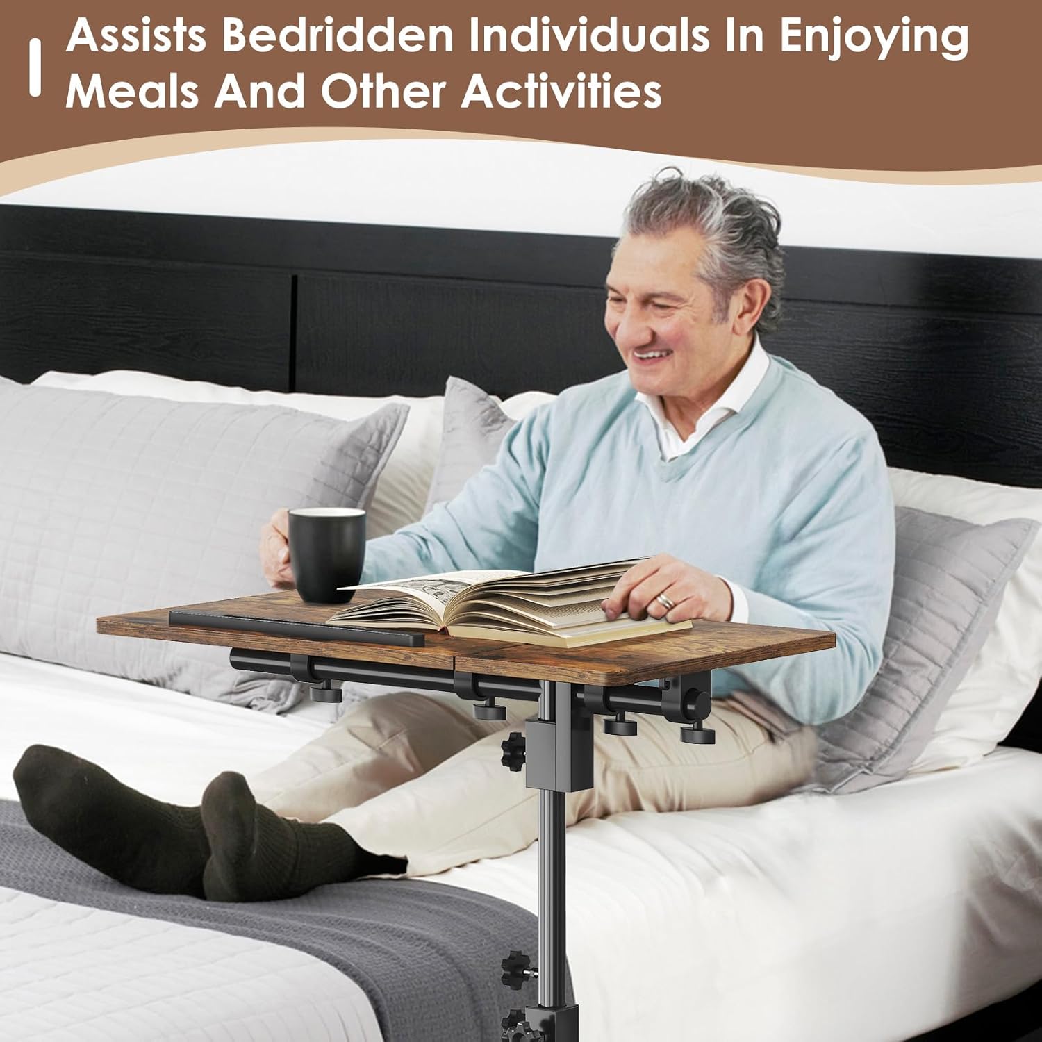 Height Adjustable C-Shaped Table with Removable Wheels, Mobile Sofa Snack Table with Tiltable Top, Adjustable Laptop Stand for Couch, Bedside Desk with Pen Slot, Rustic Brown