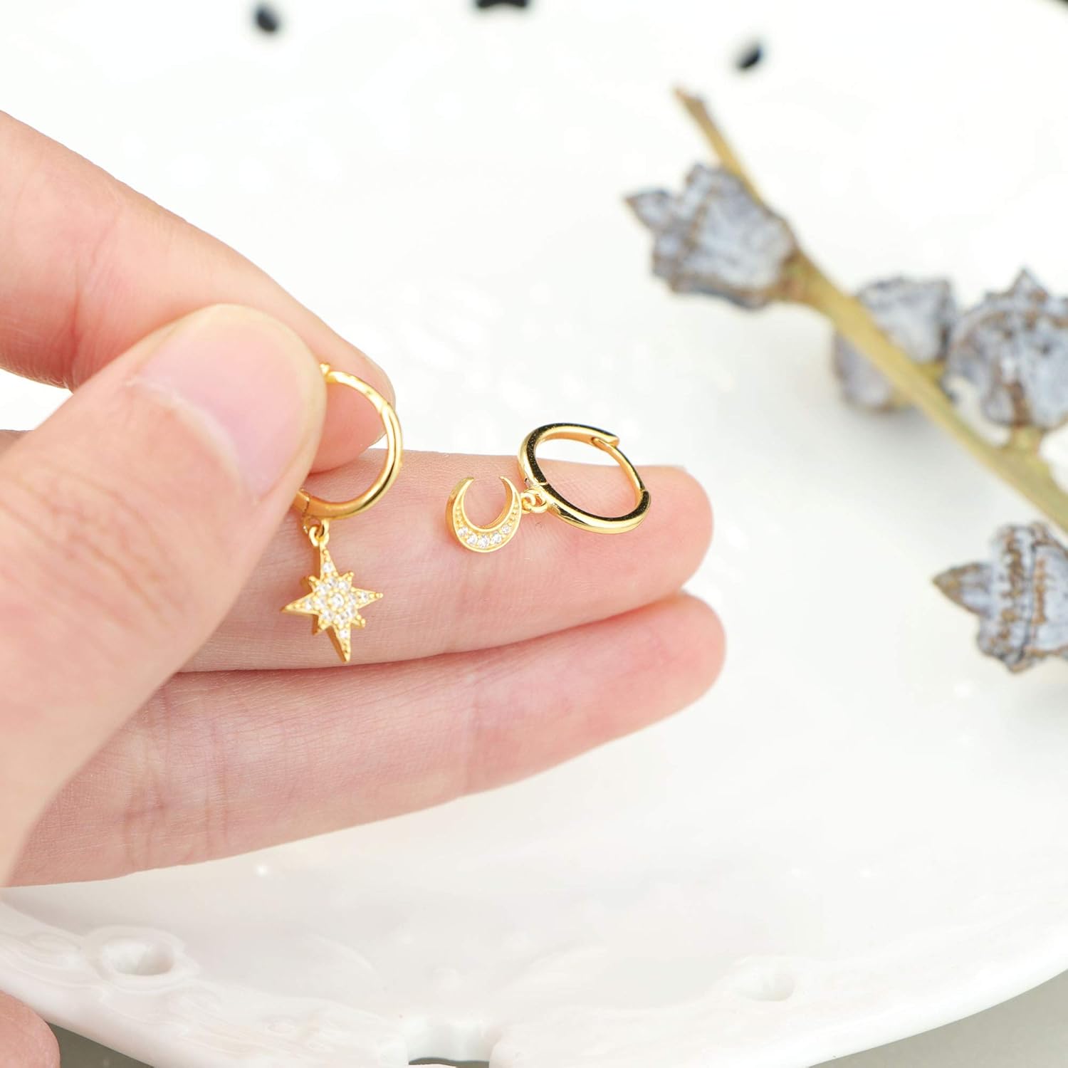 MILACOLATO 925 Sterling Silver Hoop Earrings for Women 18K Gold/Rhodium Plated Drop Dangle Hoop Earrings with Charms Cross Spike Moon Star Paperclip Link Statement Earrings Convertible Link Huggie Earrings Hypoallergenic