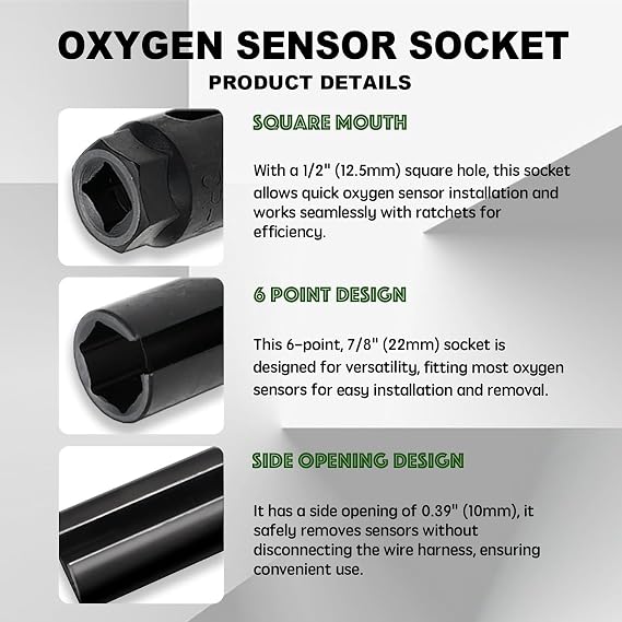 Oxygen Sensor Socket with Side Wire Cutout, 1/2 Drive by 7/8 6-Point O2 Sensor Fit All Vehicles O2 Removal and Installation, Offset Oxygen Sensor Socket, Car Accessories (9mm)