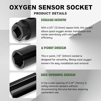 Oxygen Sensor Socket with Side Wire Cutout, 1/2 Drive by 7/8 6-Point O2 Sensor Fit All Vehicles O2 Removal and Installation, Offset Oxygen Sensor Socket, Car Accessories (9mm)