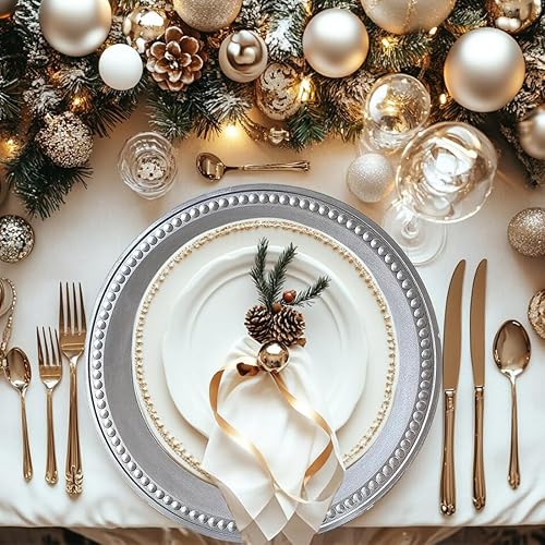 Miniatura 9 de Platos de carga antiguos blancos, cargadores metálicos de 13 pulgadas para platos de cena, cargadores de plástico con borde de cuentas para comedor,