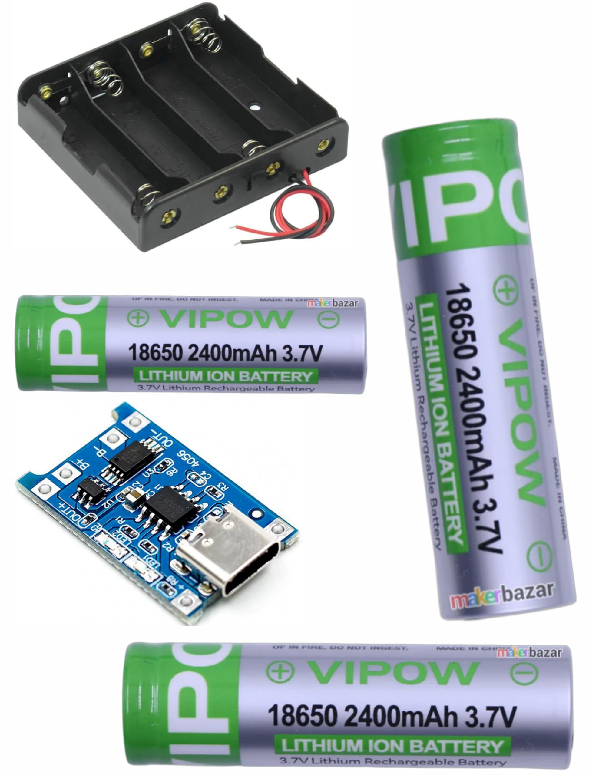 18650 Button Top 3.7V 2400mAh Rechargeable Battery Pack of 3 with Holder | USB Type-C Charging Board, TP4056 Module, Wire Leads Included, Overcharge Protection, Button Top Cell-image-39