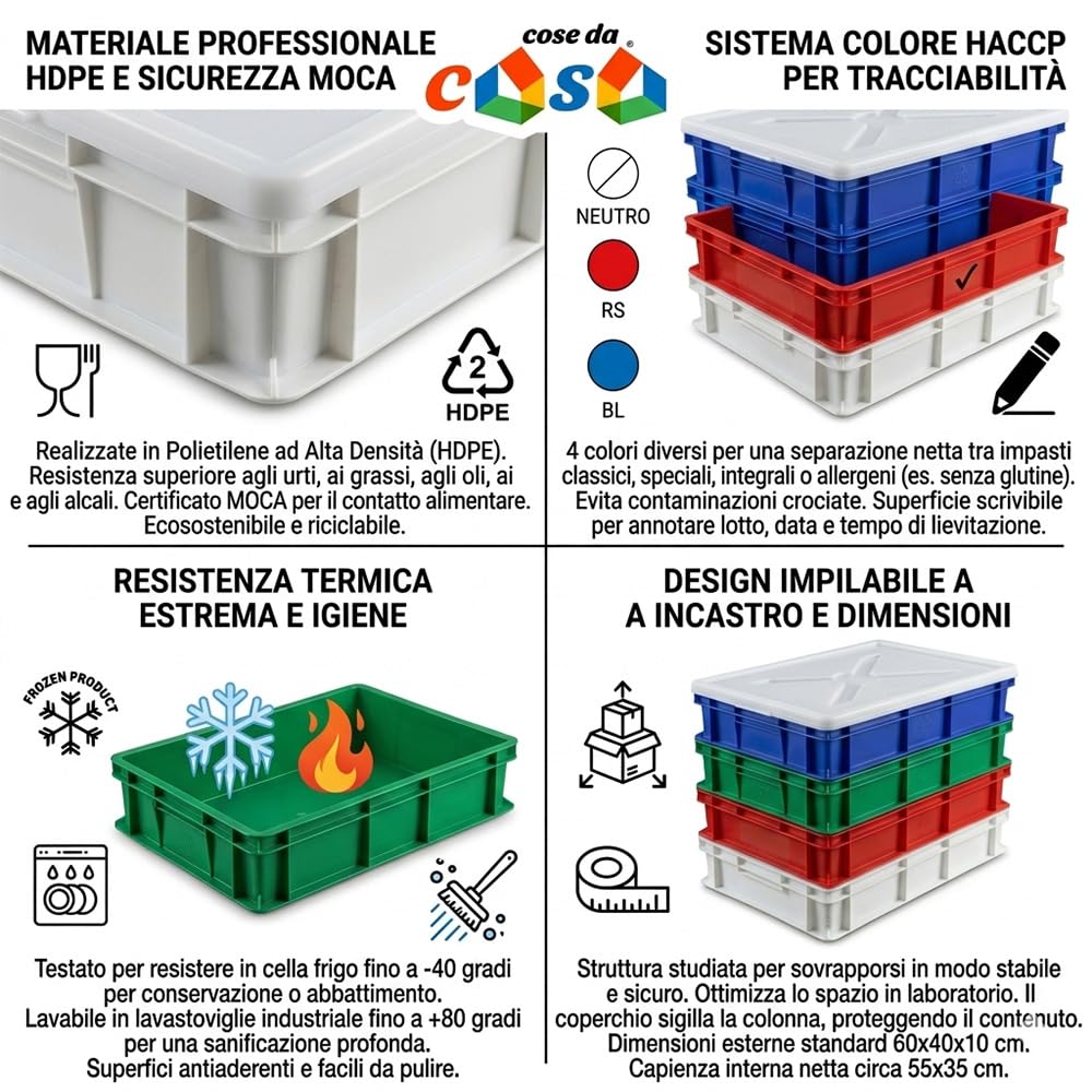 Kit 4 Cassette Porta Impasto Pizza Professionali 60x40x10 cm HDPE con Coperchio Set Multicolore Bianco Rosso Verde Blu per Lievitazione IMPASTI HACCP ANTICONTAMINAZIONE ALIMENTARI Capacità 20 Litri