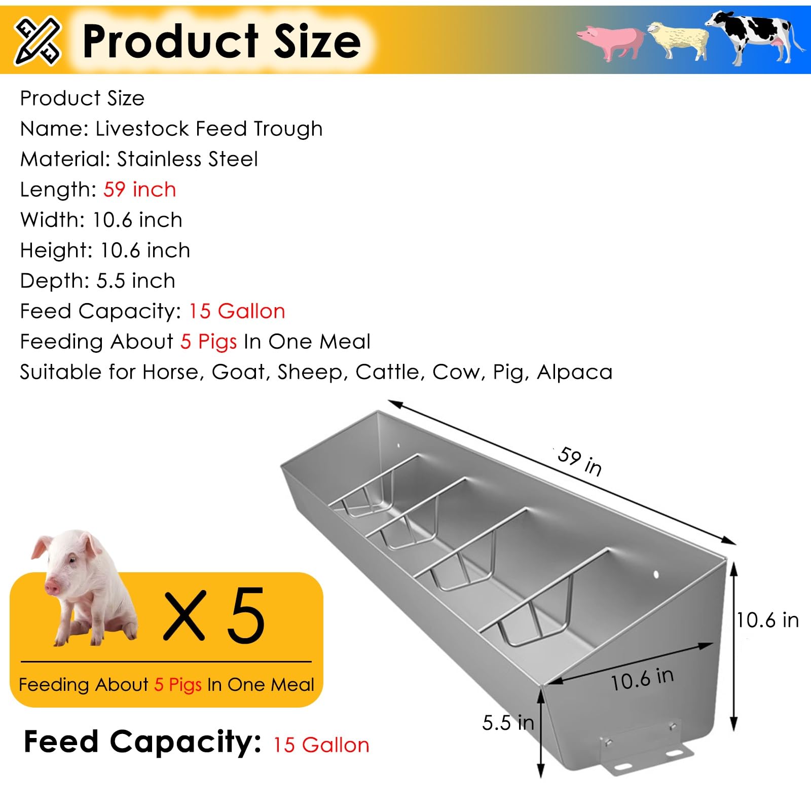 Mangiatoia, mangiatoia per pollame in Acciaio Inox Resistente per bovini, capre, maiali e Pecore - 4-7 Scomparti, Perfetta per l'alimentazione del Bestiame in fattorie e stalle (1,5 m di LUN