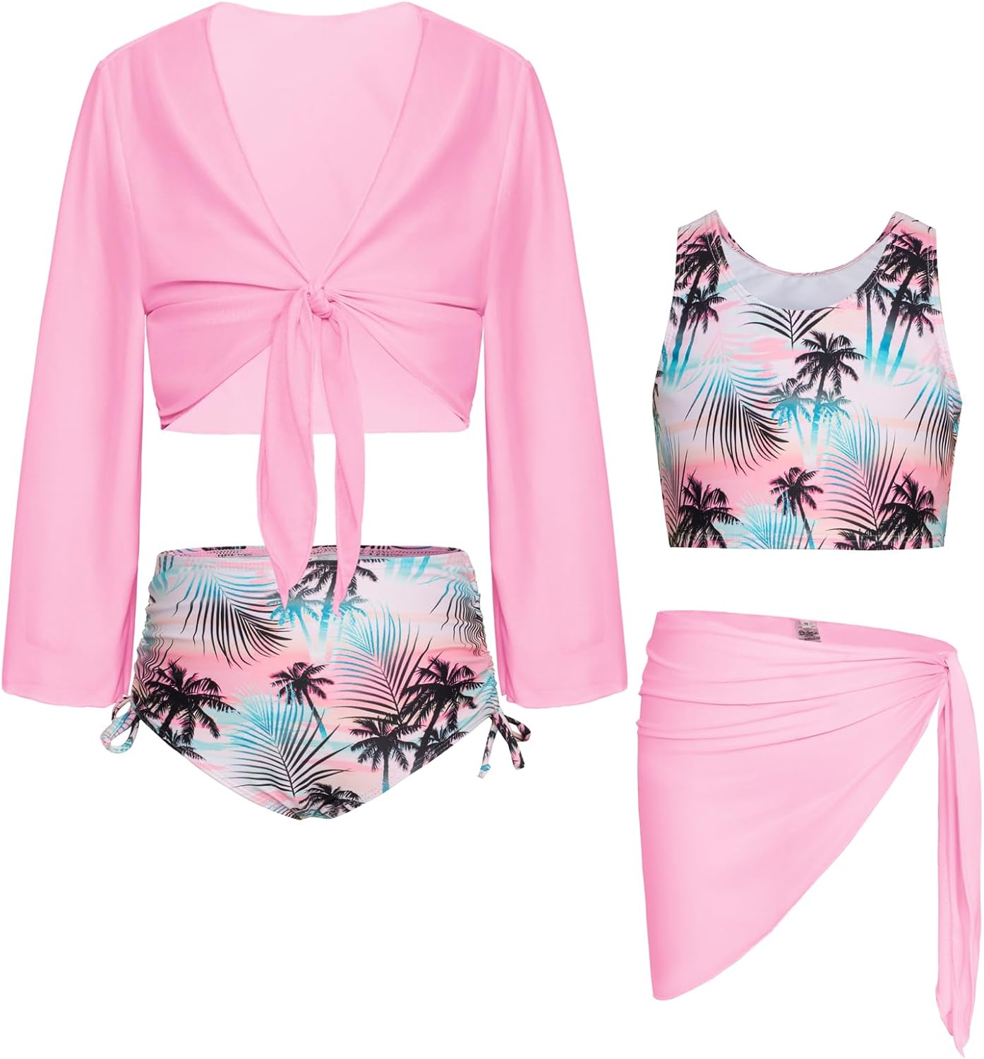 GRACE KARIN Girls Bathing Suit Adjustable Taniki Swimsuit Tie Front 4 Piece Bikini Set with Kimono Cover Up 6-14