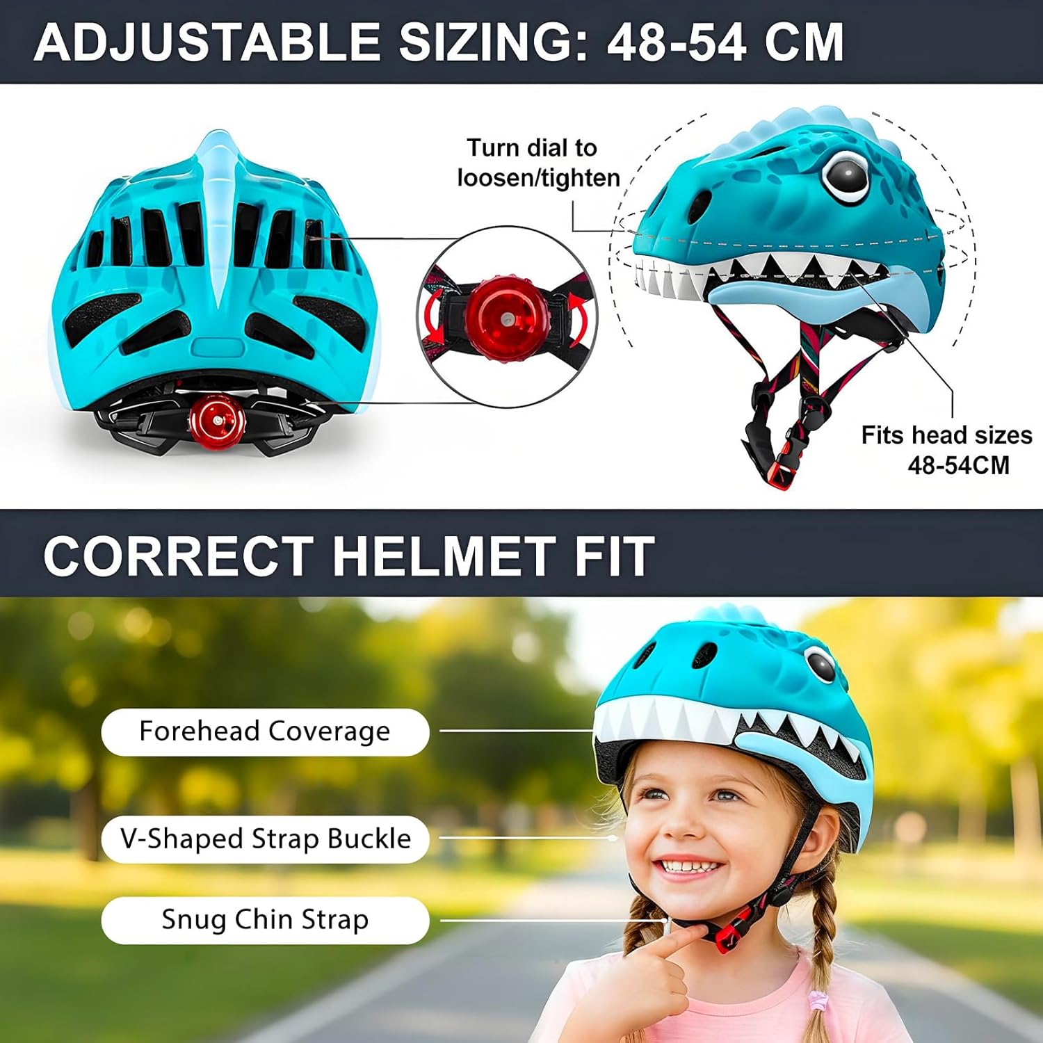 KINGBIKE Toddler Helmet for Boys Girls Ages 2-8 Kids Bike Helmet Lightweight Dinosaur Helmets with LED Light for Skateboard Scooter Cycling Roller Skating