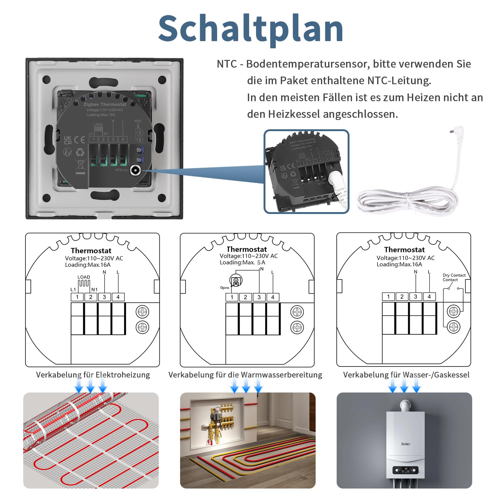 CNBINGO Zigbee Smart Termostato da incasso con sensore, vetro bianco