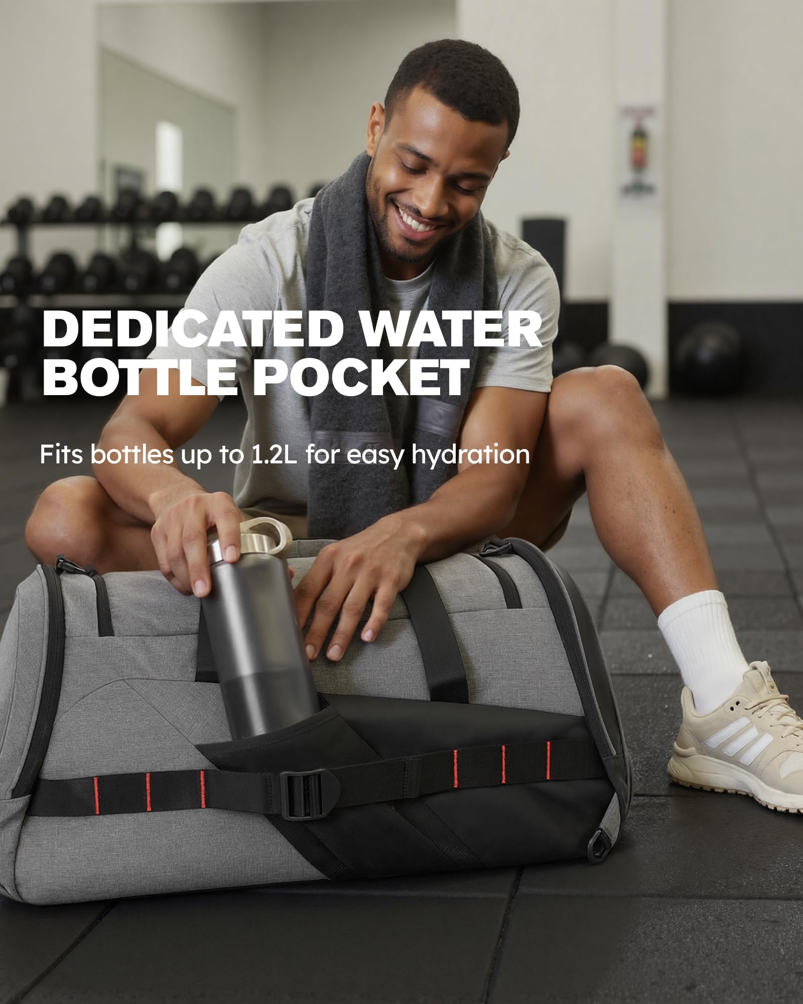 Tolaccea 60L Torba Sportowa Duża dla Mężczyzn i Kobiet – Plecak i Torba Podróżna z Kieszenią na Buty i Mokre Rzeczy, Torba Fitness, Treningowa, na Siłownię, Podróże, Saunę i Piłkę Nożną (Czarno-szary)