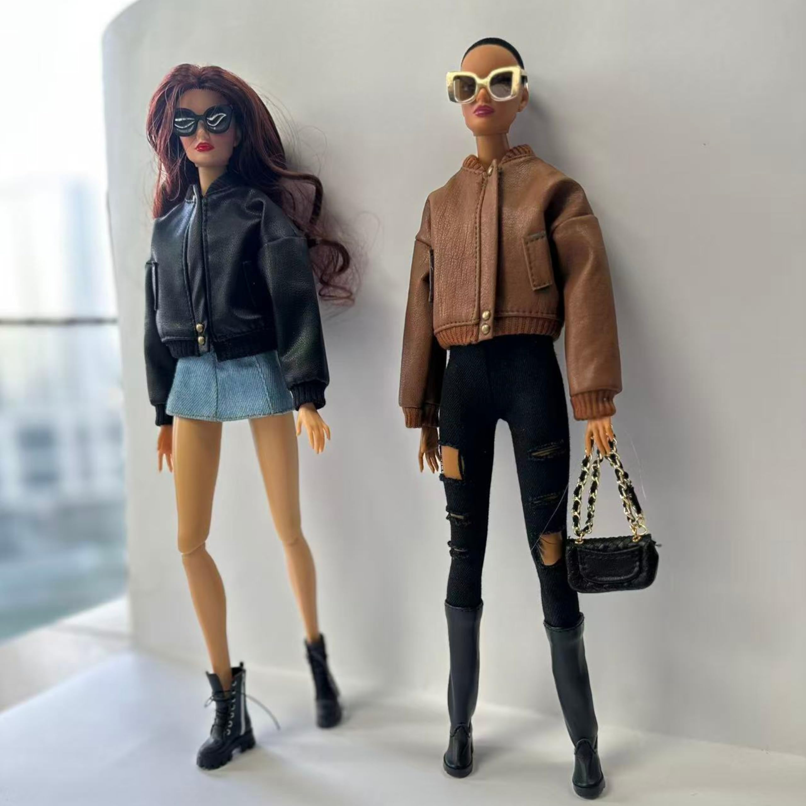 Conjunto de ropa de muñeca de moda, chaqueta de bombardero con botas de combate y bolsa de cadena, para muñecas de 11.5 a 12 pulgadas, BJD 1/6 (chaqueta bomber marrón)
